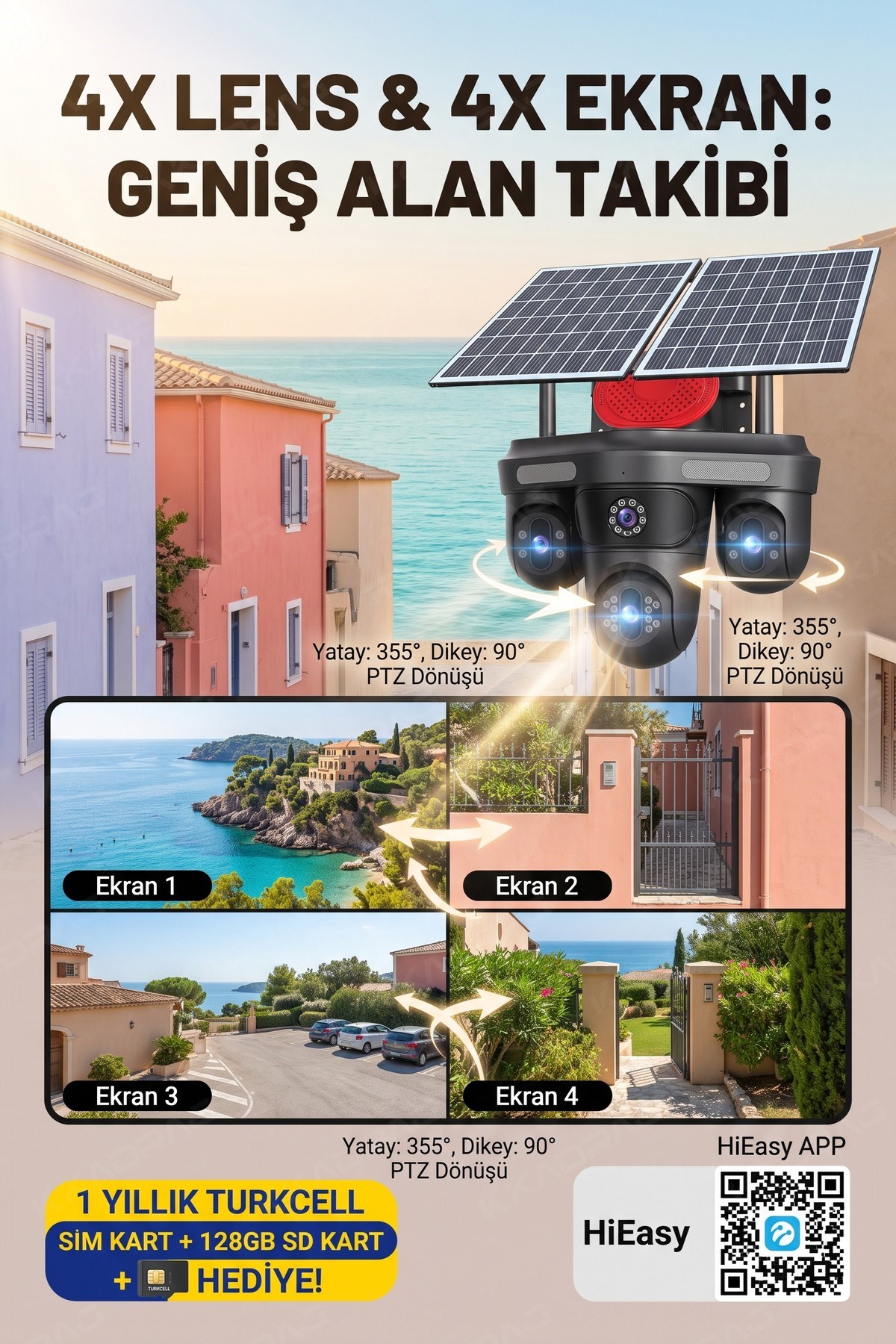 4 Lens ve 4 Ekranlı Gözetim Sistemi