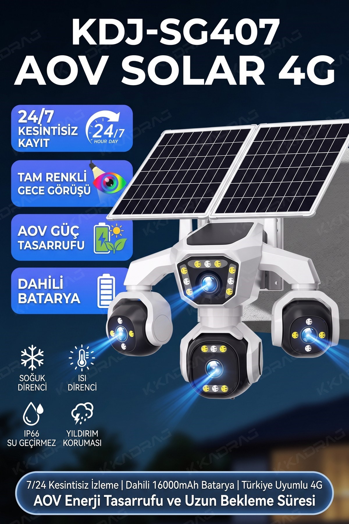 Kadraj 4 Kameralı - 2 Solar Panelli + Yeni Nesil + E- Sim Destekli + 20MP Güvenlik Kamerası Yapay Zeka Tek