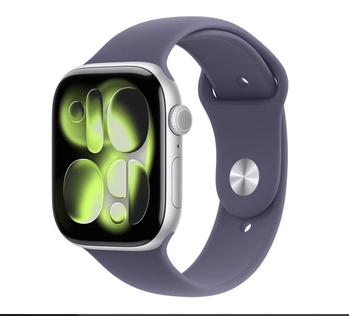 Apple Watch Seri 11 46 mm Gümüş rengi Alüminyum kasa ve Sis moru Spor kordon - M/l