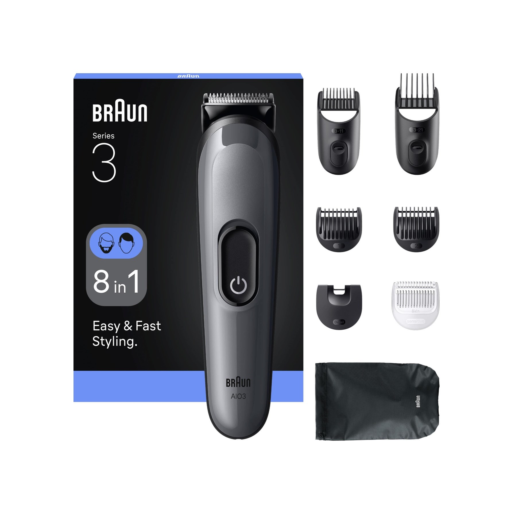 Braun Hepsi Bir Arada Series 3, 8 İ 1 Arada Tıraş Kiti, Keskin Bıçak, 14 Uzunluk, Aıo3540 Siyah