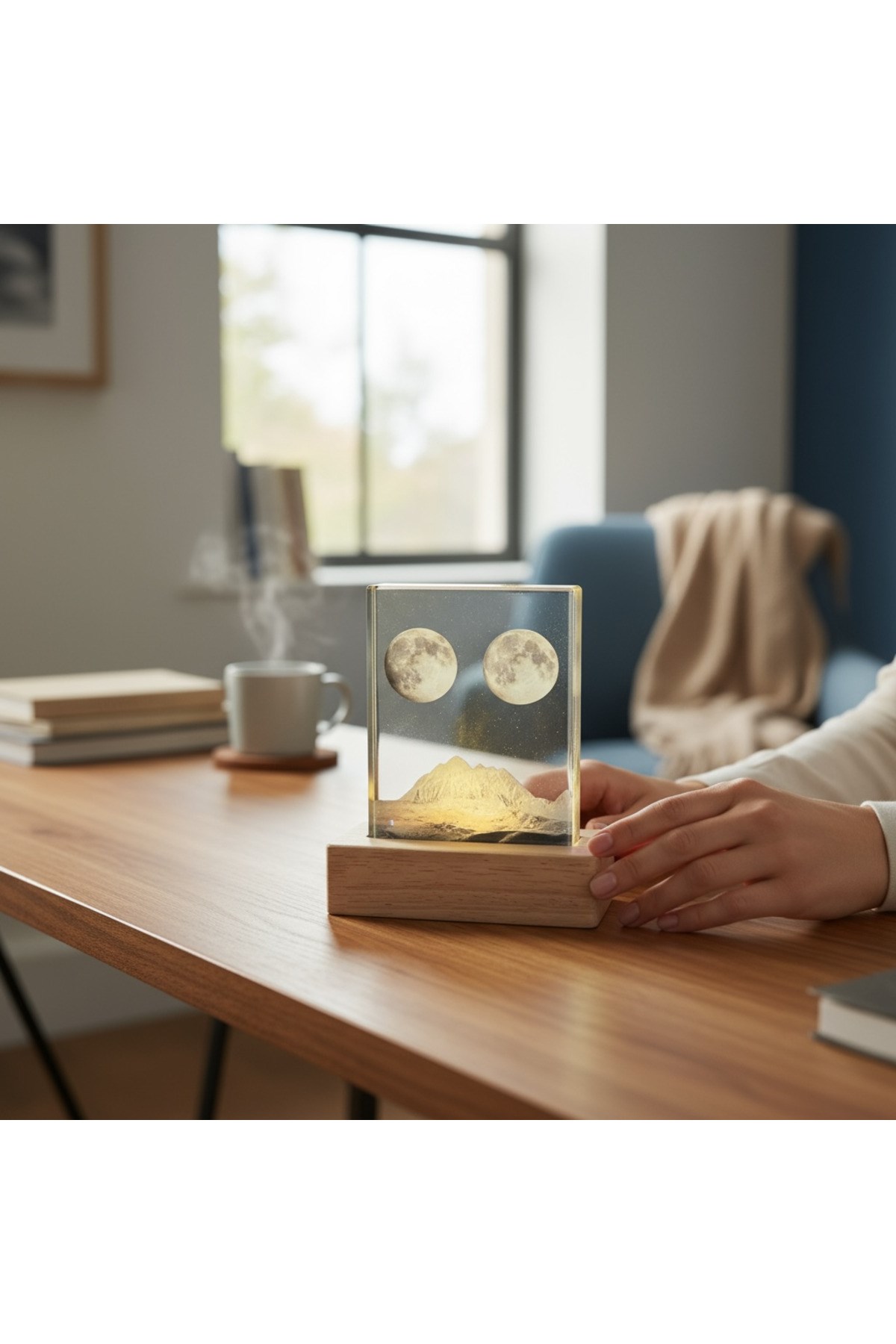 Kişiye Özel Çift Ay ve Dağ Manzaralı LED Masa Lambası – 3D Dekoratif Işık