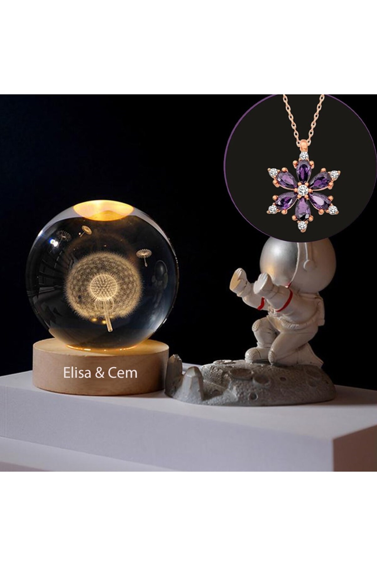 Kişiye Özel Işıklı Ahşap Kaideli Karahindiba Temalı Cam Küre 8*6cm Ve Lotus Çiçeği Kolye