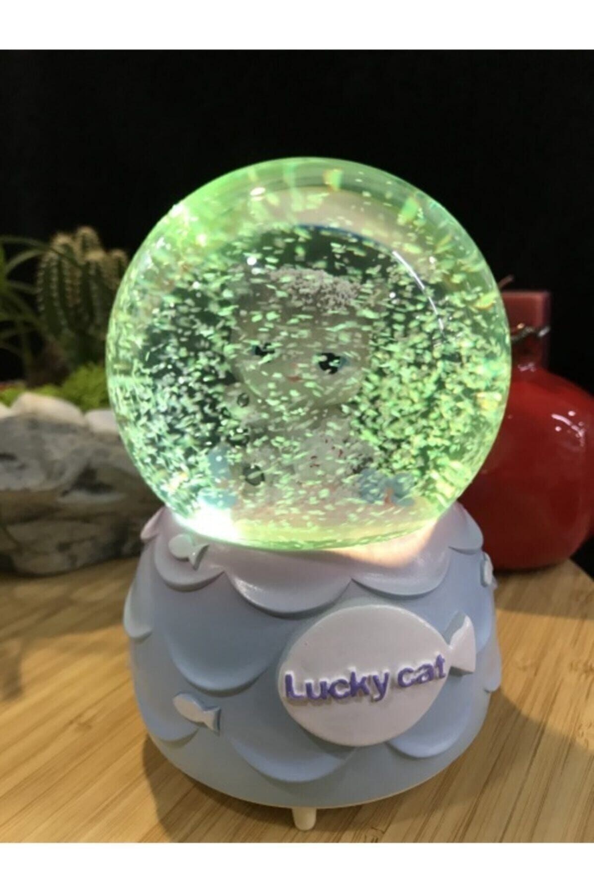 Kar Tanesi Püskürtmeli Işıklı Şanslı Sevimli Kedi Lucky Cat Kar Küresi Müzik Kutusu