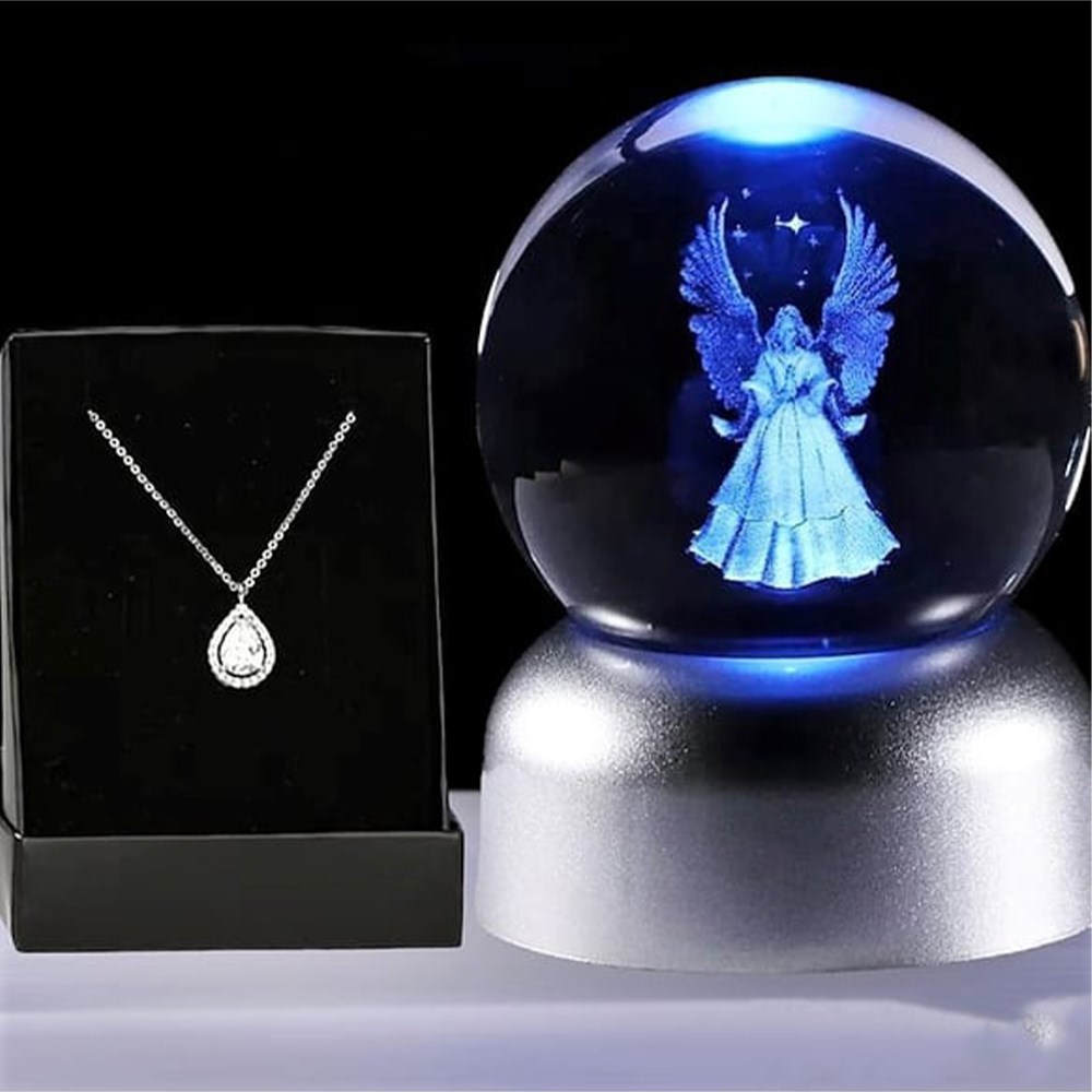 Led Işıklı Cam Melek Küre Ve Lotus Damla Kolye Hediyeli