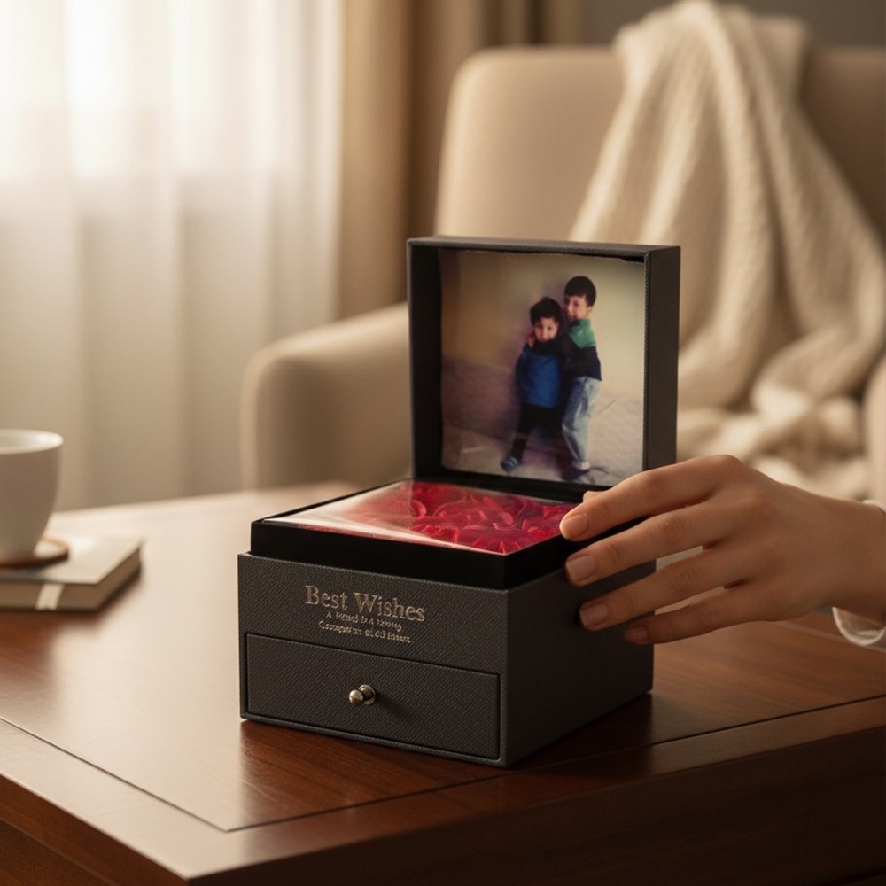 Sevgililer Günü Hediyesi Kişiye Özel Fotoğraflı Çekmeceli Gül Kutusu & İstiridye İçinde Gerçek İnci Kolye Hediye Seti