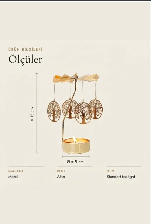 Altın Renk Dönen Hayat Ağacı Figürlü Mumluk – Isıyla Dönen Dekoratif Tealight Mumluk