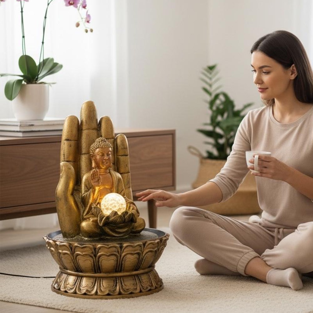 Dekoratif Büyük Boy Buda El Figürlü Masaüstü Şelale LED Işıklı Zen Su Çeşmesi Meditasyon Dekoru 40cm