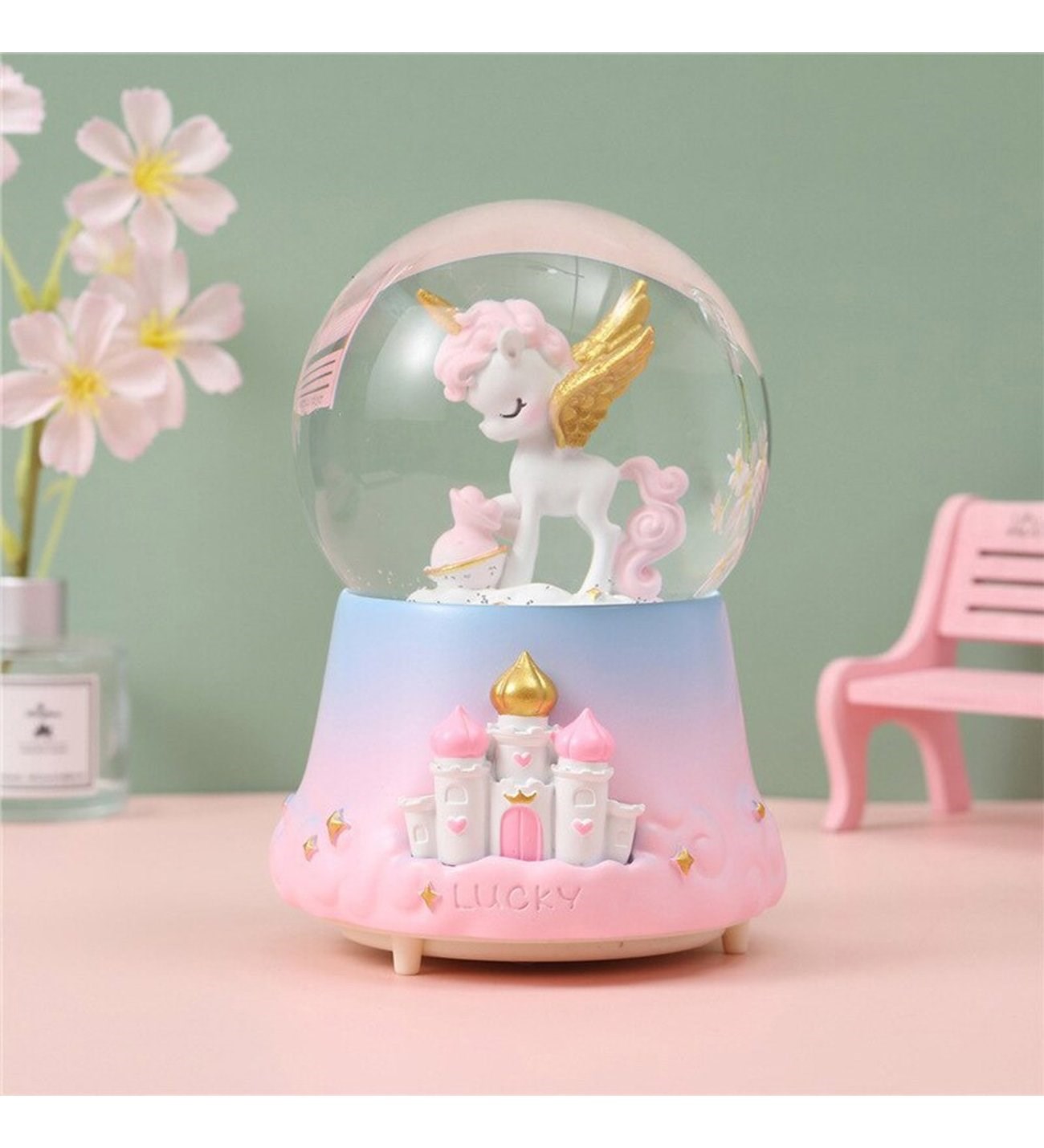 Yavru Unicorn Büyük Boy Işıklı Müzikli Otomatik Kar Püskürten Kar Küresi