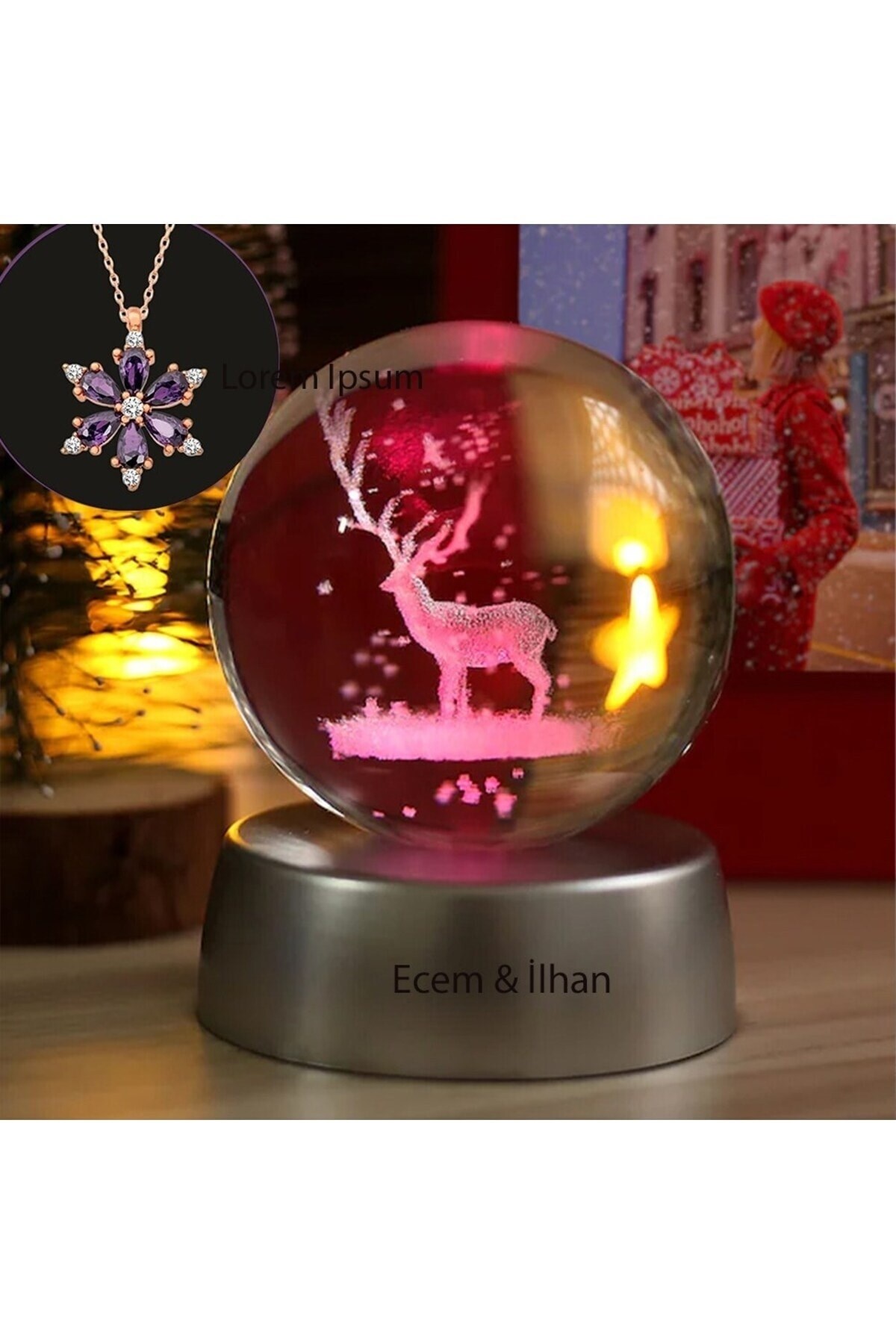 Kişiye Özel Geyik Işıklı Cam Küre 8cm*6cm Lotus Melek Kolye Hediyeli
