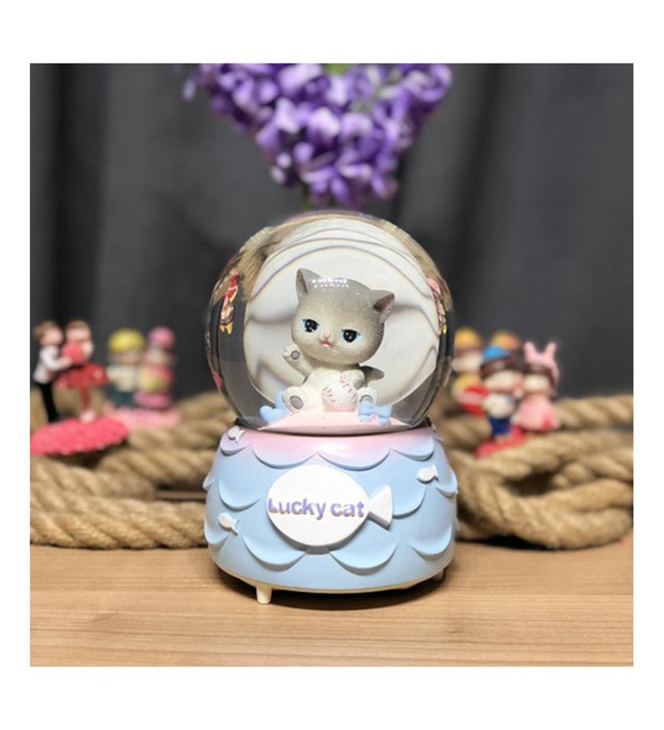 Tatlı Kedi Büyük Boy Işıklı Müzikli Otomatik Püskürten Kar Küresi (Gri)
