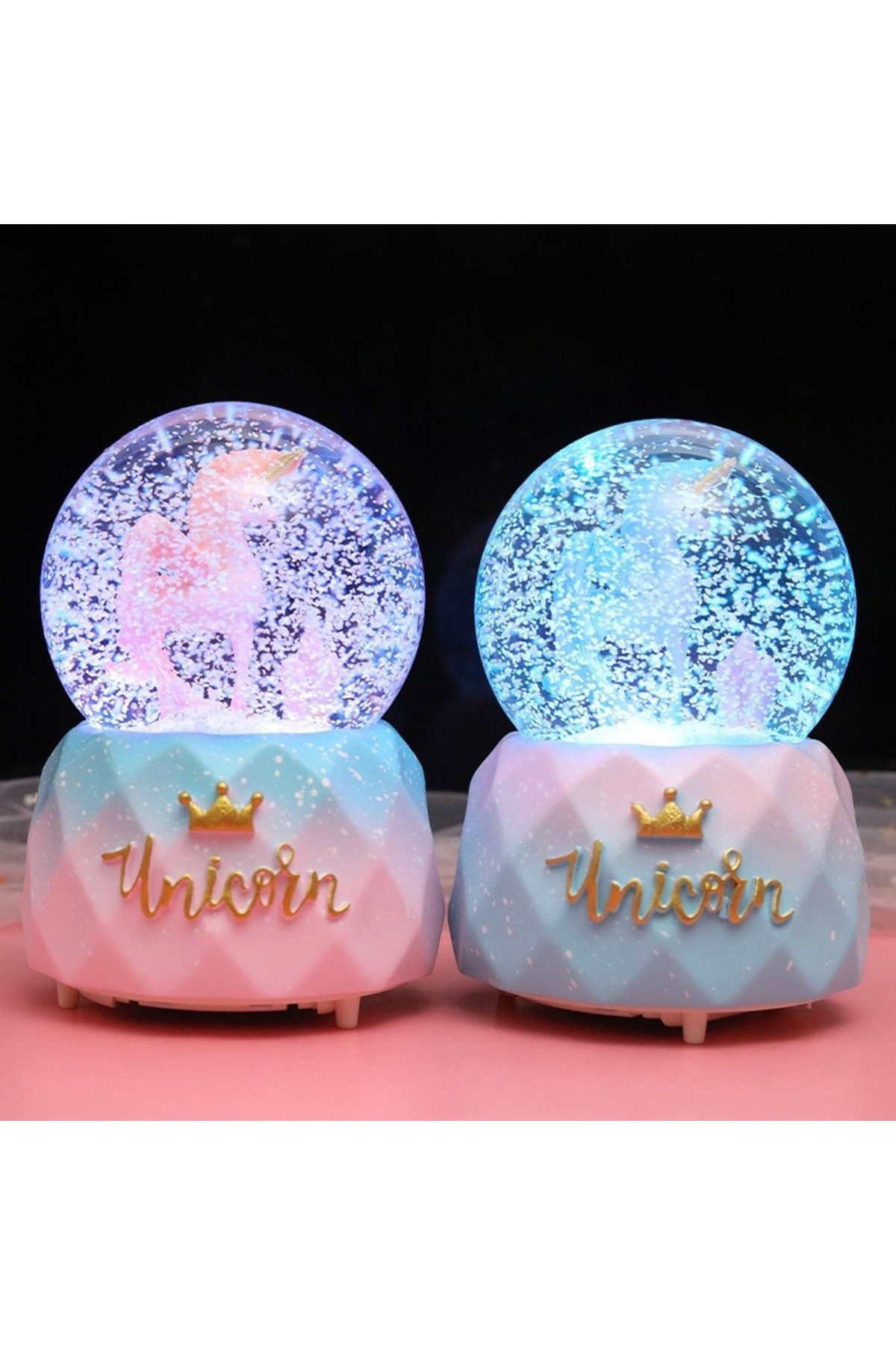 Unicorn Temalı Püskürtmeli Işıklı Ve Müzikli Kar Küres-mavi