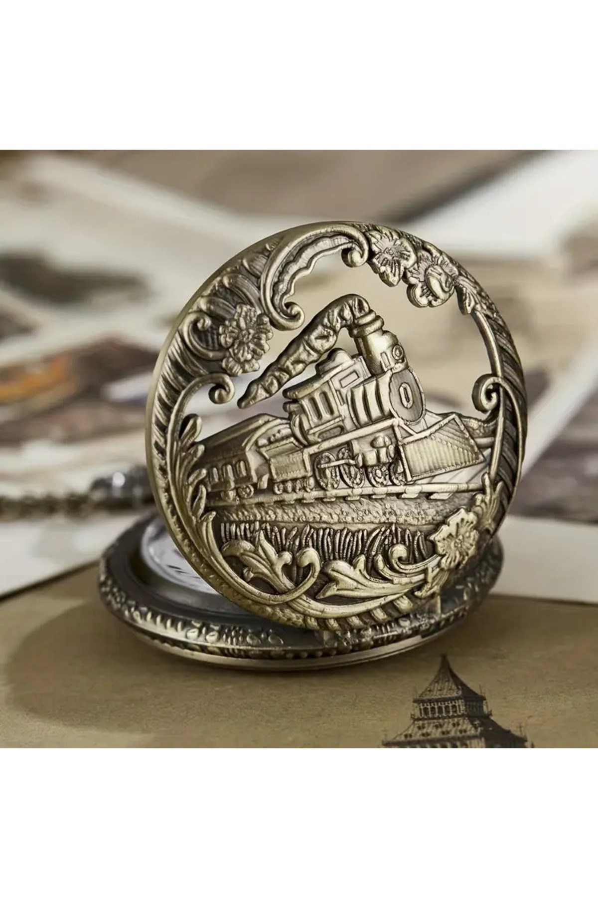 Kişiye Özel Vintage Buharlı Tren Tasarımlı Bronz Cep Saati – Zincirli Antika Görünümlü Hediye Saat
