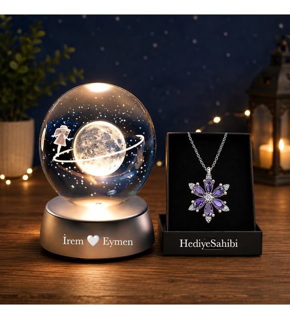 Kişiye Özel Işıklı Satürn Cam Küre & Lotus Çiçeği Kolye ve Vintage Kar Küresi Kum Saati Dekoratif Hediye Seti