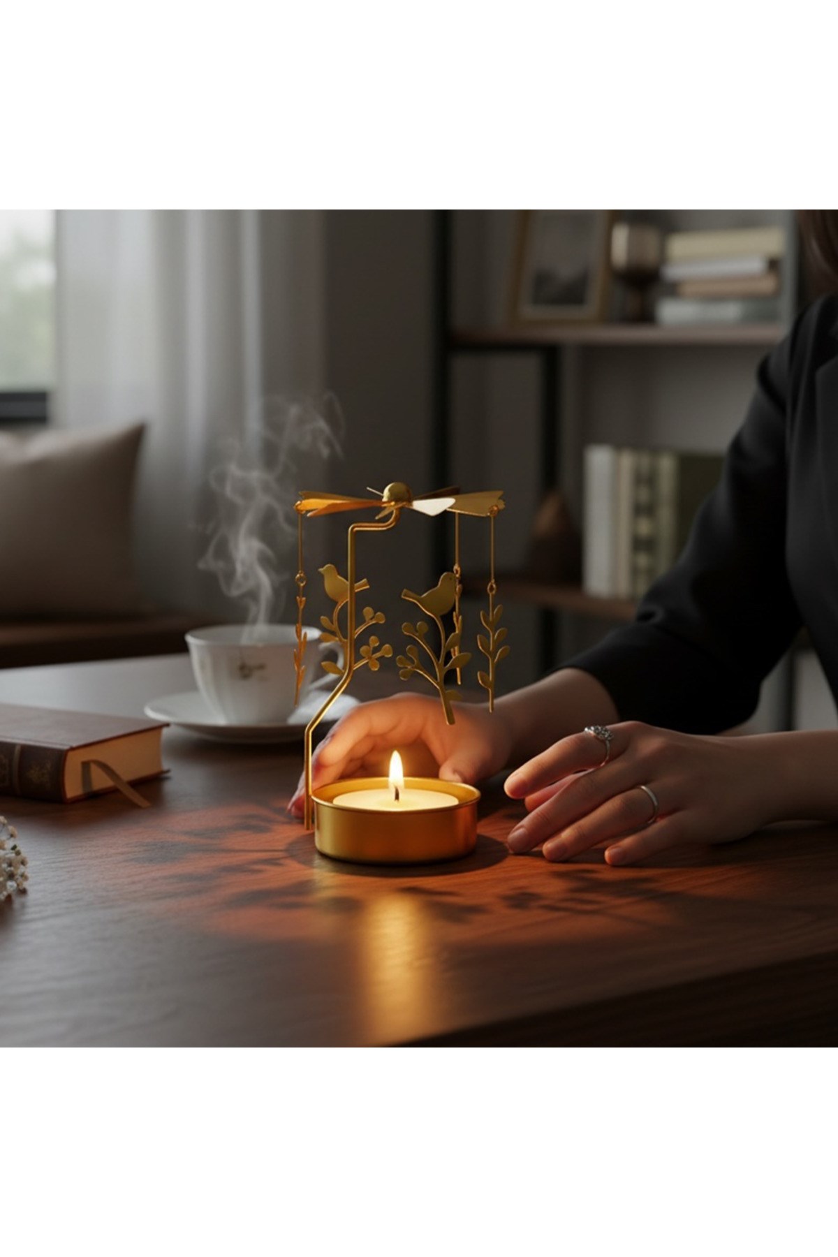 Isı İle Dönen Dekoratif Yıldız Tasarımlı Metal Tealight Mumluk