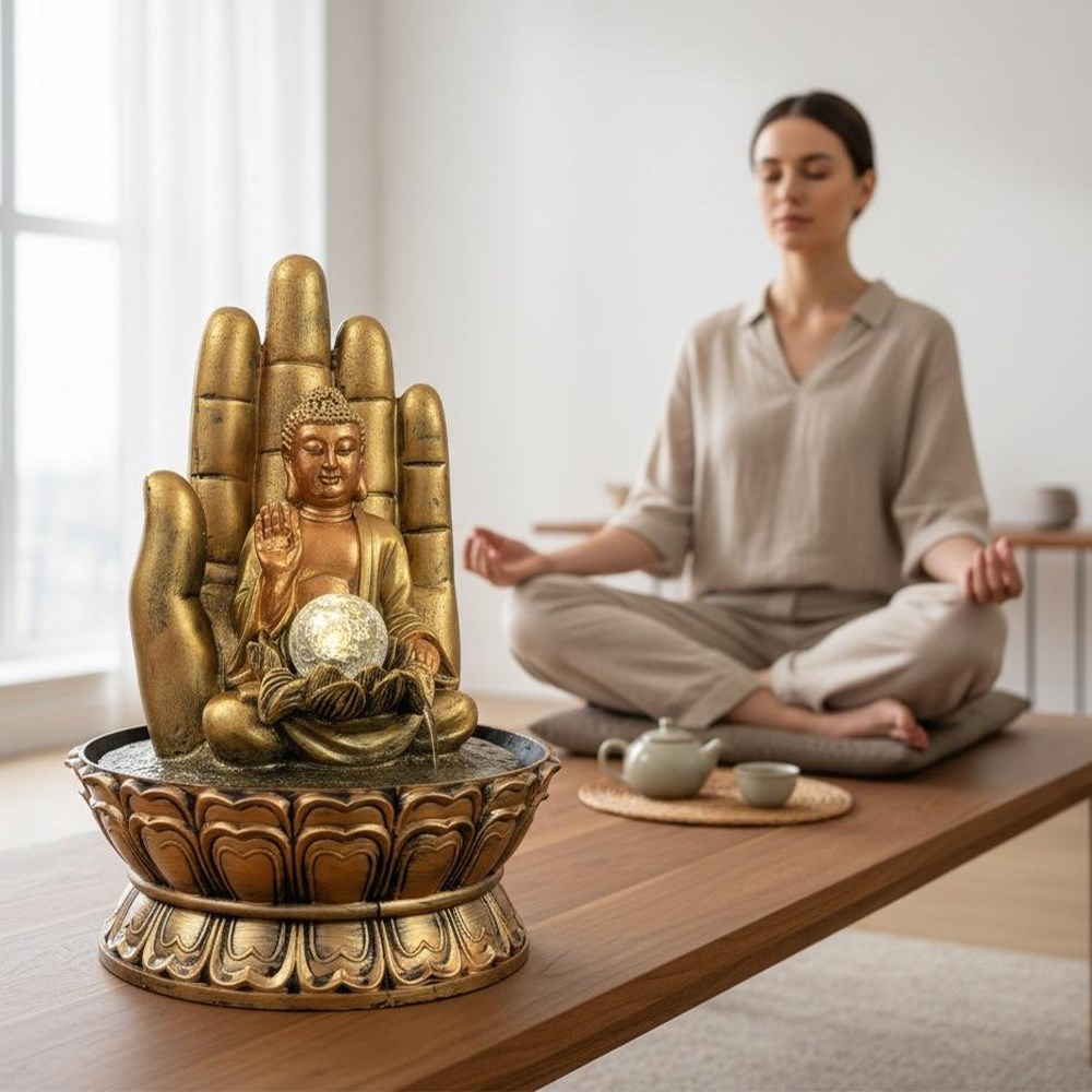 Dekoratif Büyük Boy Buda El Figürlü Masaüstü Şelale LED Işıklı Zen Su Çeşmesi Meditasyon Dekoru 40cm