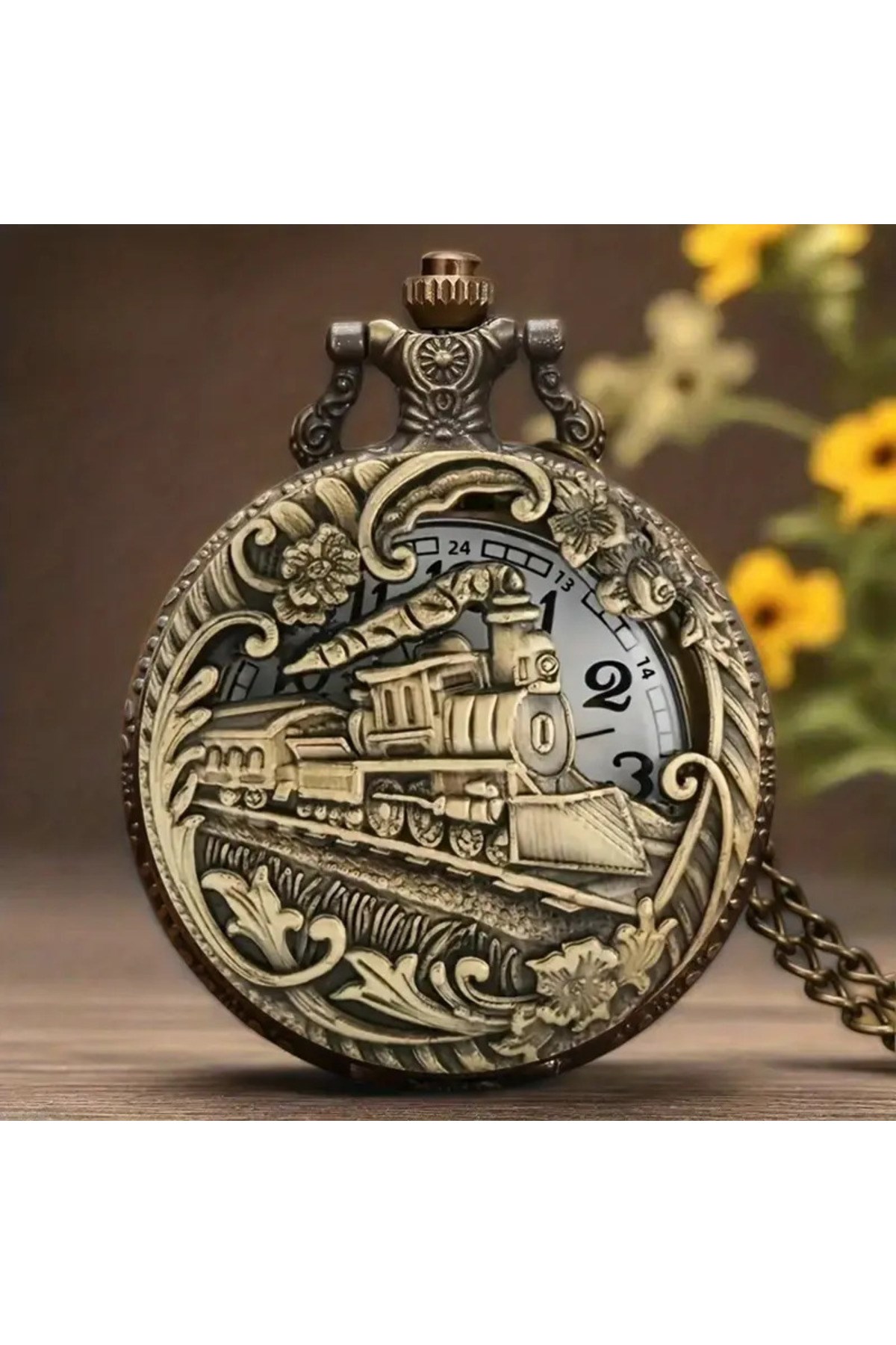 Kişiye Özel Vintage Buharlı Tren Tasarımlı Bronz Cep Saati – Zincirli Antika Görünümlü Hediye Saat