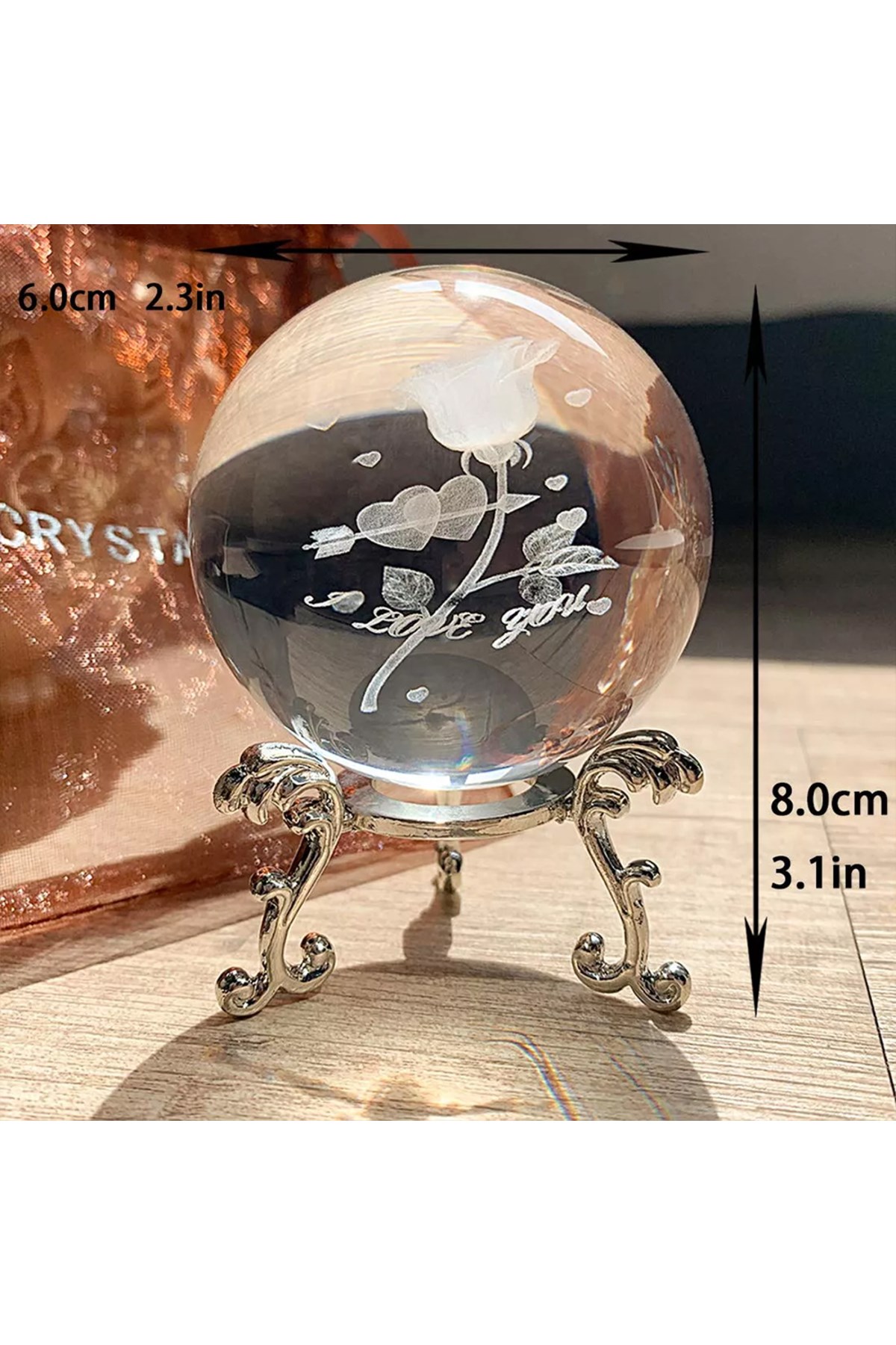 Dekoratif Metal Ayaklı Gül Tasarımlı 3D Cam Küre 6cm