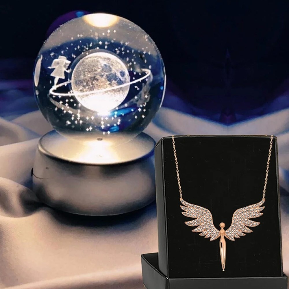 Satürn Işıklı Cam Küre 8cm 6cm Lotus Melek Kolye Hediyeli