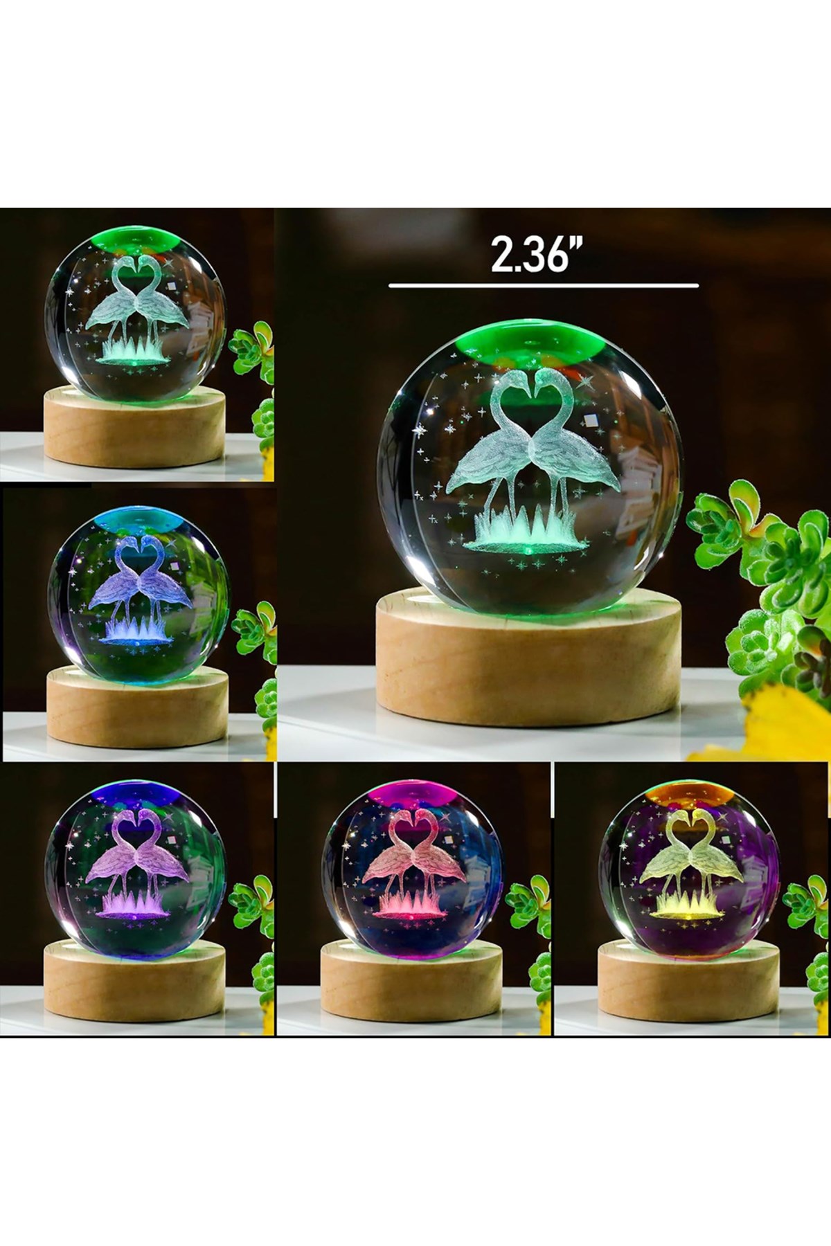 Kişiye Özel Büyük Boy Işıklı Ahşap Kaideli Flamingo Çifti Temalı Cam Küre 8cm
