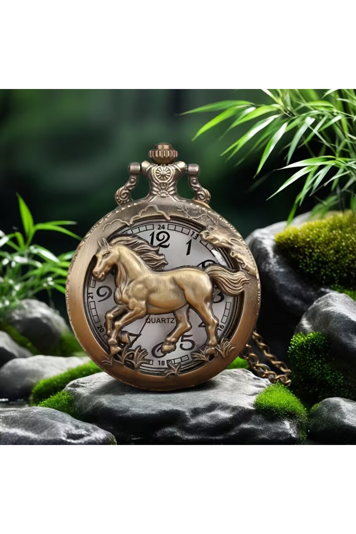 Kişiye Özel At Figürlü Antik Bronz Cep Saati – Nostaljik Quartz Zincirli Saat