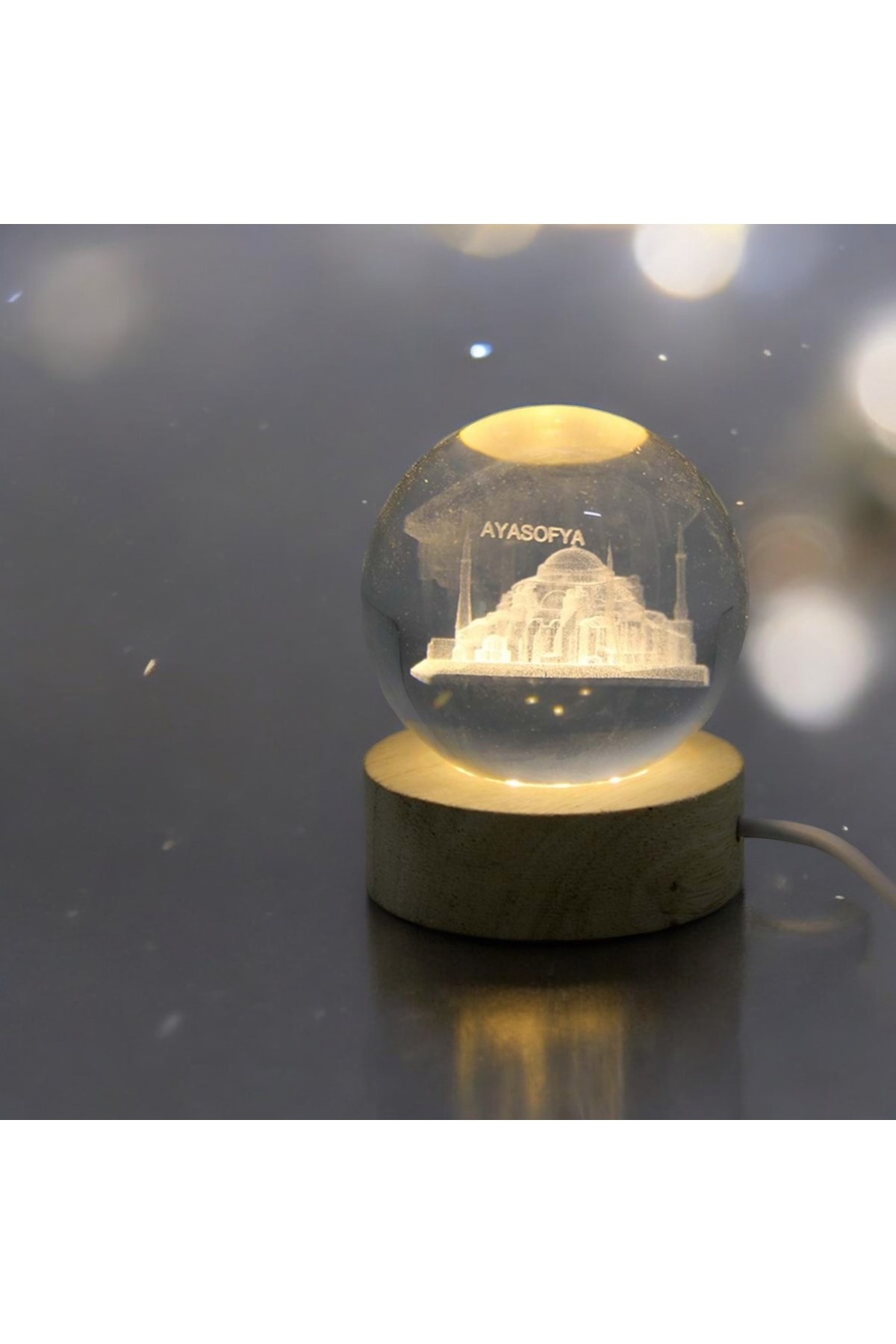 Kişiye Özel Işıklı Ahşap Ayasofya Kristal Cam Küre 6cm