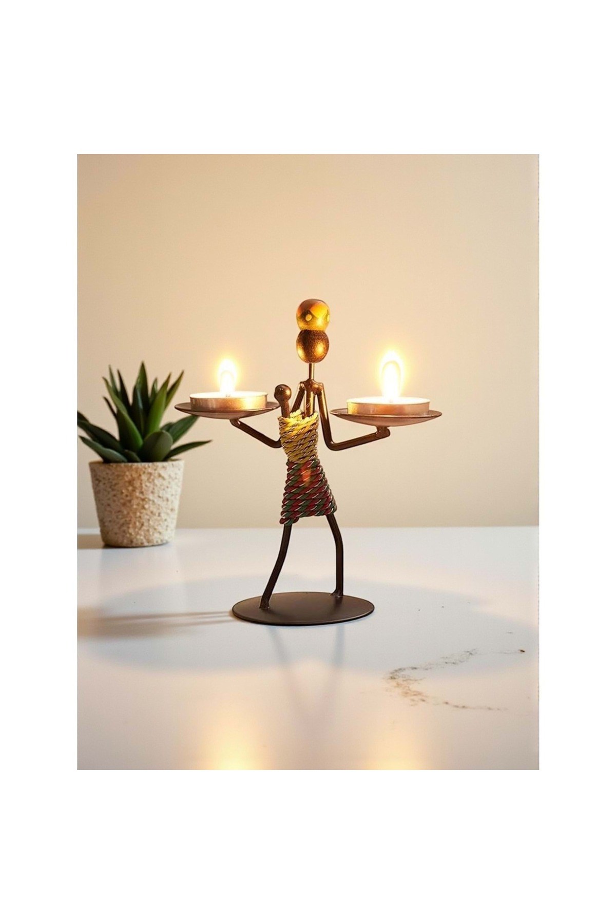 Retro Etnik Afrika Figürlü Çift Mumluk - Dekoratif Şamdan Tutucu (14 cm)