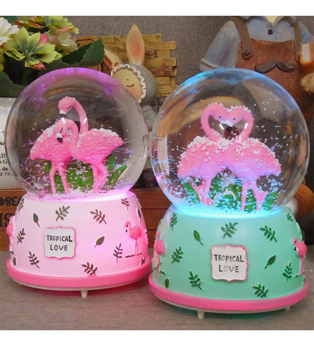 Flamingo Temalı Püskürtmeli Kar Küresi ve Müzik Kutusu Büyük Boy (Yeşil)