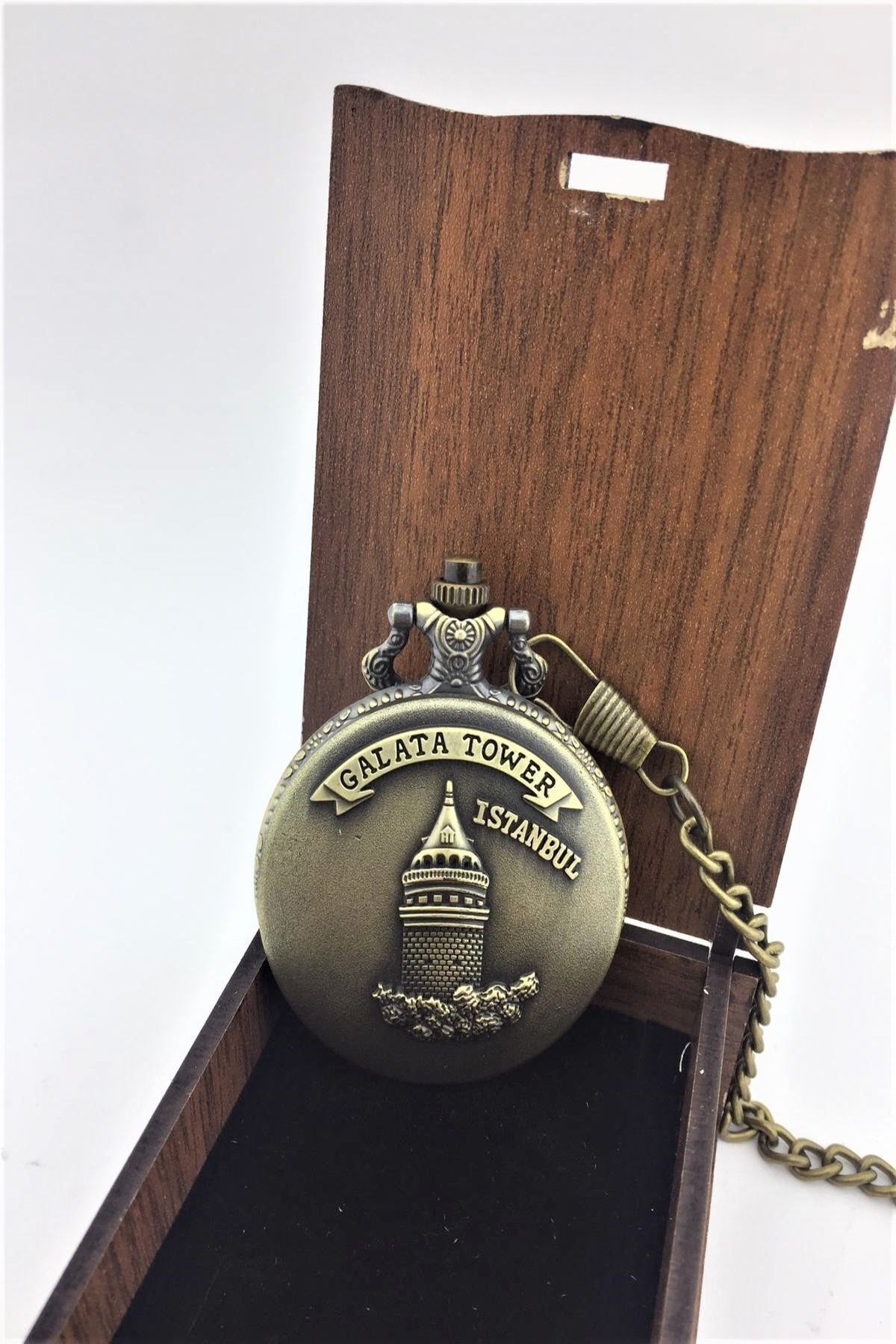 Retro Tasarımlı Quartz Galata Kulesi Kabartmalı Zincirli Köstekli Cep Saati