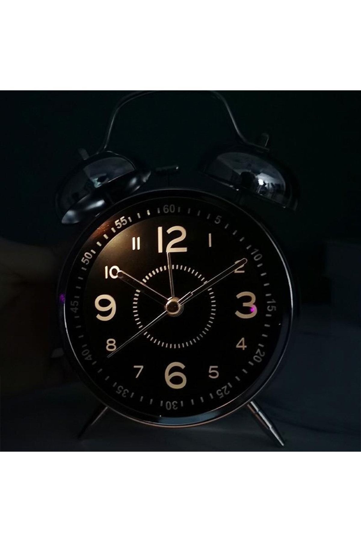 Büyük Boy Nostaljik Gümüş Metal Işıklı Akar Saniyeli Çift Çanlı Çalar Saat