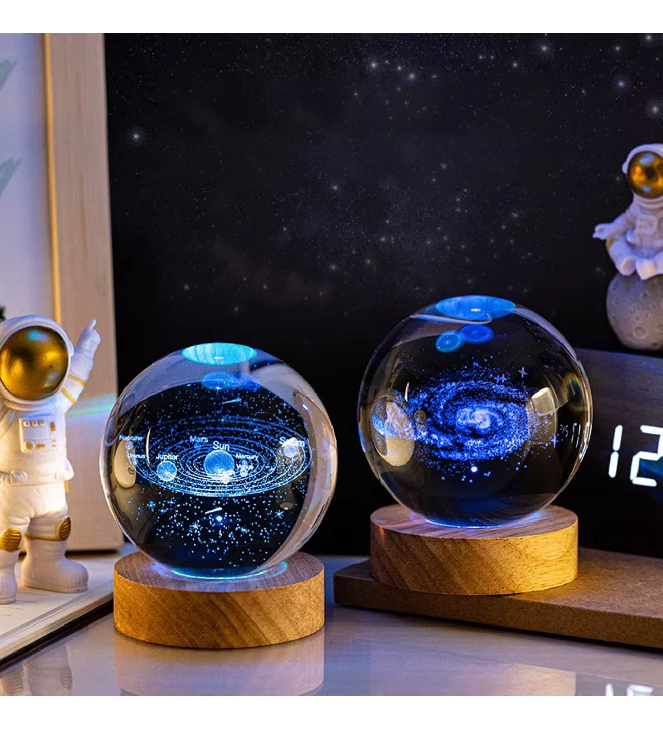 Kişiye Özel Işıklı Ahşap 2'li Kristal Cam Küre 8*6cm
