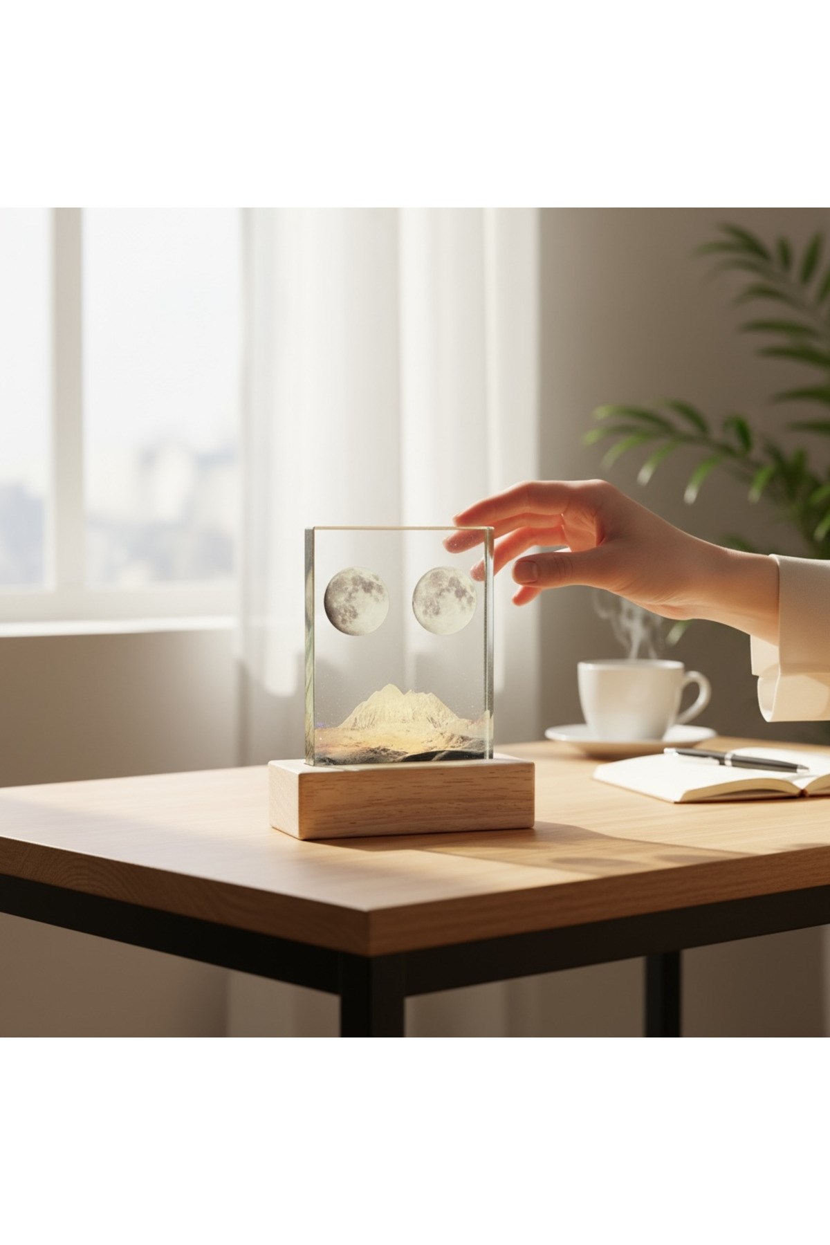 Kişiye Özel Çift Ay ve Dağ Manzaralı LED Masa Lambası – 3D Dekoratif Işık