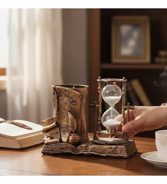 Kişiye Özel Vintage Kalemlik, Kum Saati ve Dünya Küresi Dekoratif Masa Seti