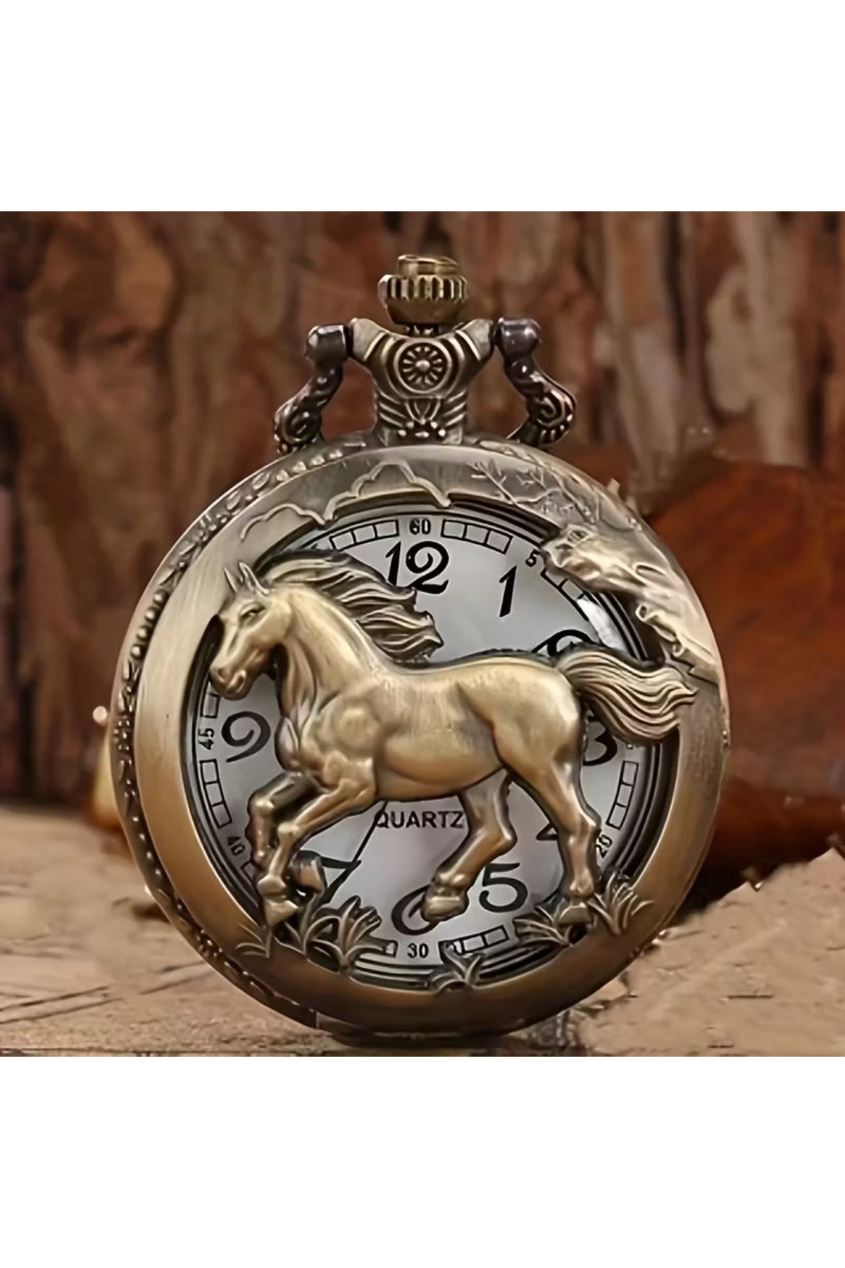 Kişiye Özel At Figürlü Antik Bronz Cep Saati – Nostaljik Quartz Zincirli Saat