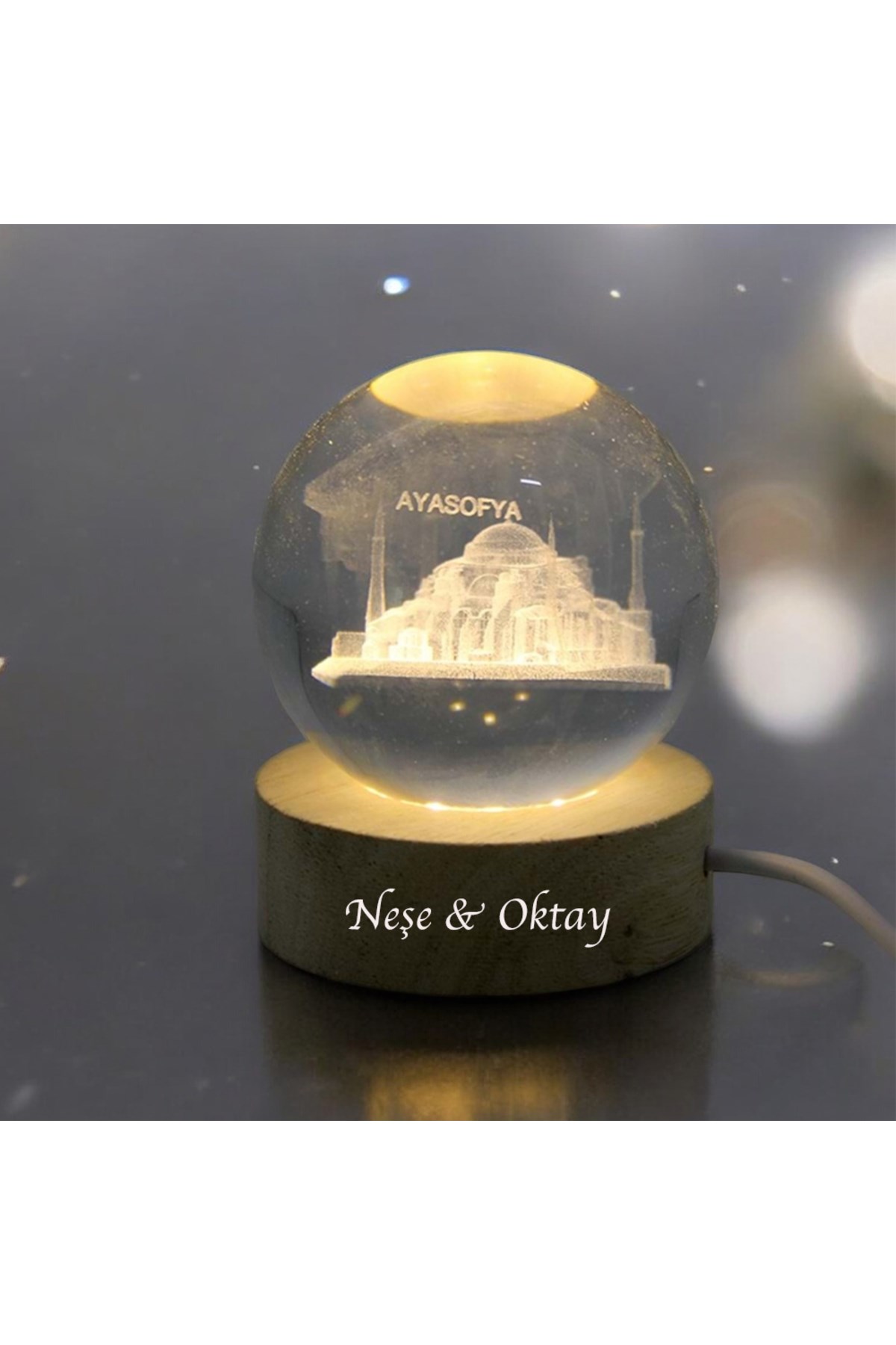 Kişiye Özel Işıklı Ahşap Ayasofya Kristal Cam Küre 6cm
