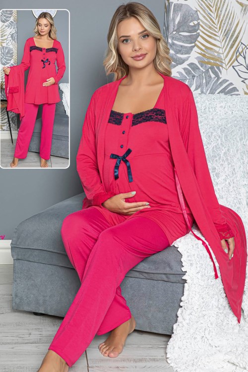 3lü Lohusa Pijama Takımı Jenika 42288 3lü Sabahlıklı Hamile Pijaması