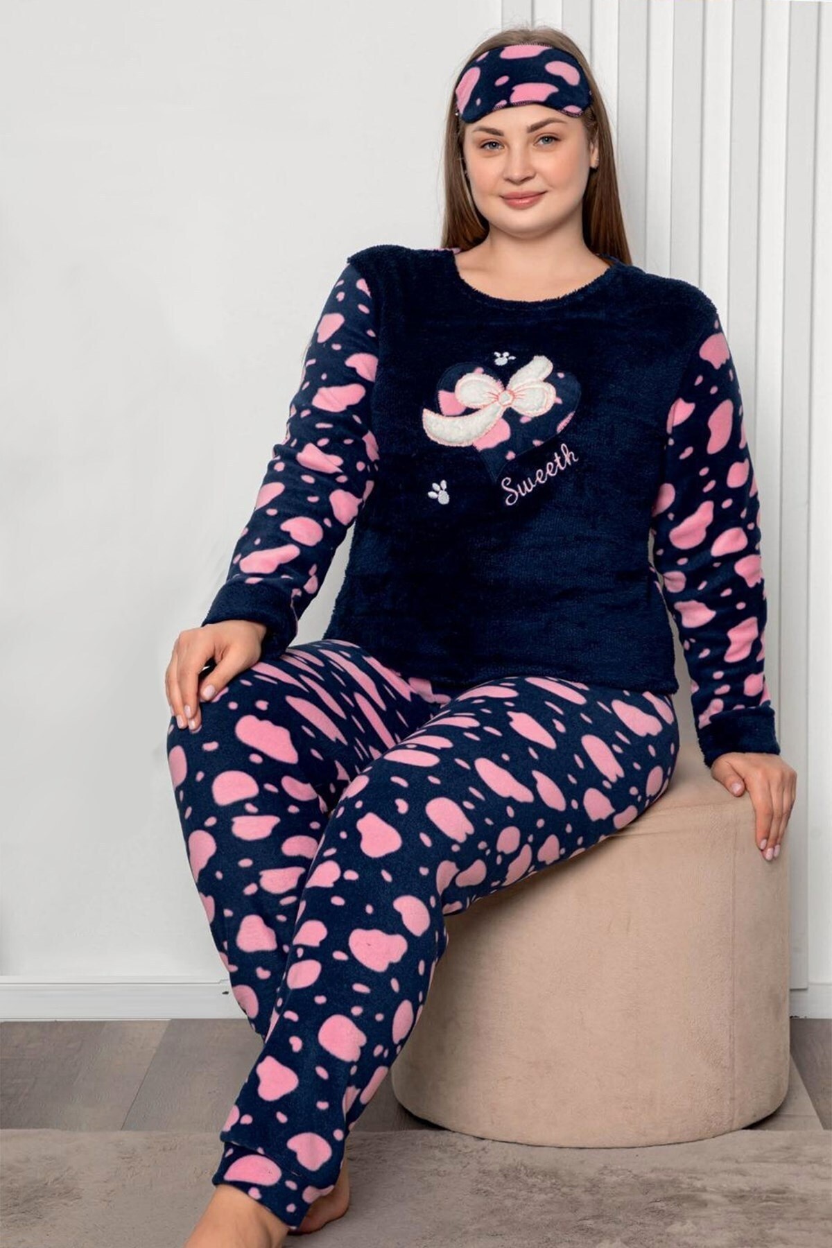Kadın Lacivert Renk Polar Kumaş 6214 Battal Büyük Beden  Pijama Takımı