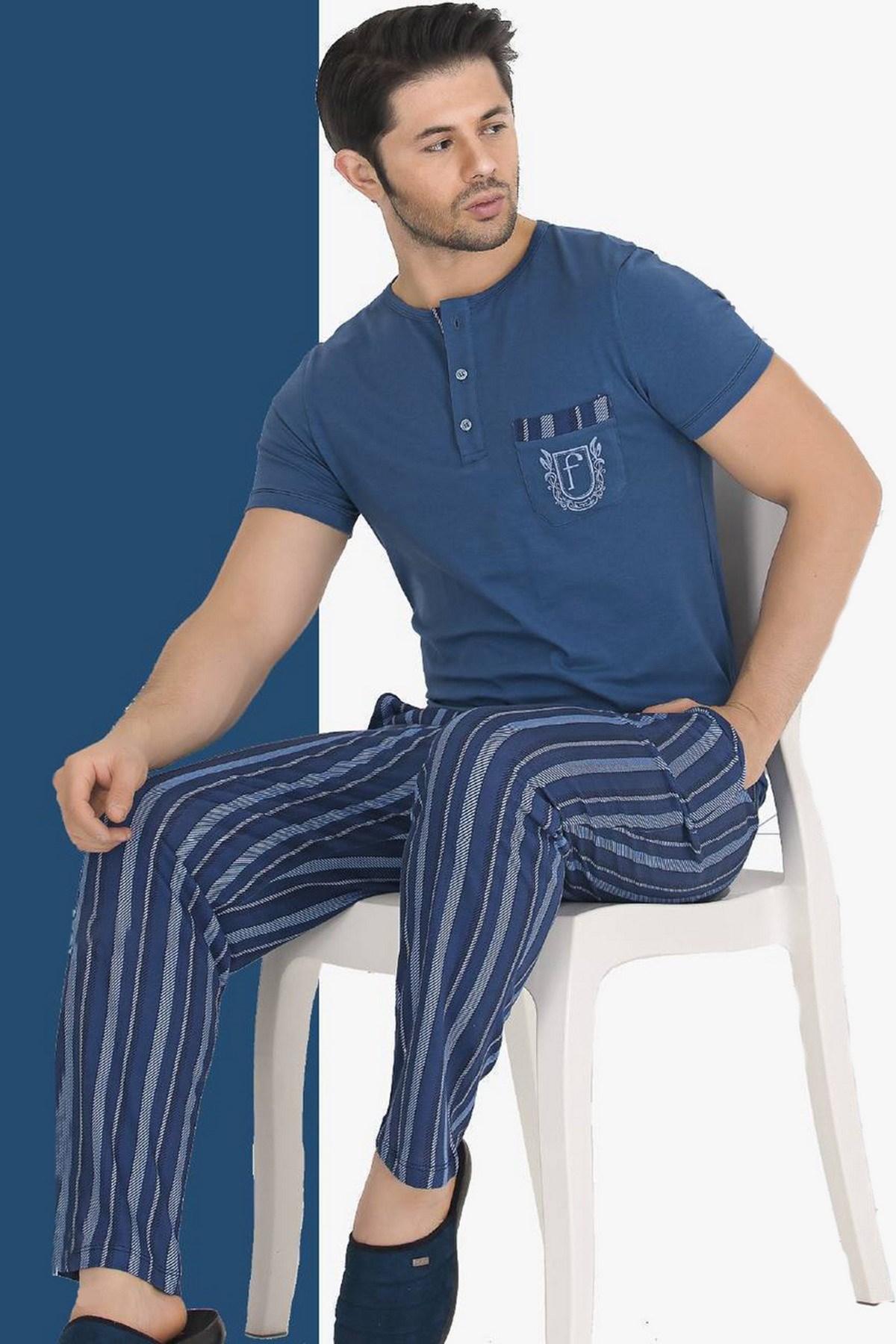 Modal Kumaş Teknur 30520 Koyu Mavi Renk Kısa Kollu Pijama Takımı 