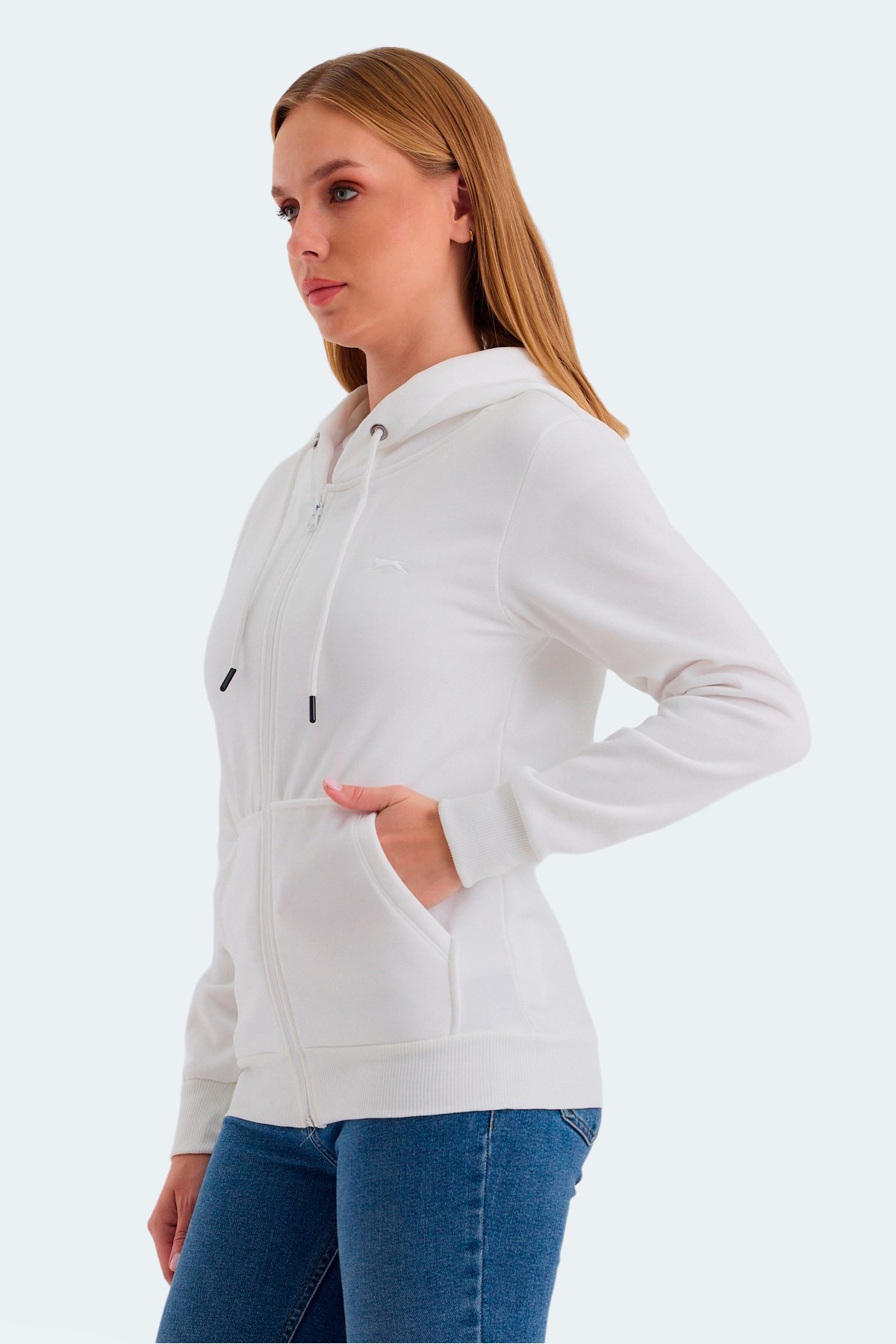 Slazenger KATYA Kadın Fermuarlı Kapüşonlu Cepli Beyaz Sweatshirt ST23WK081