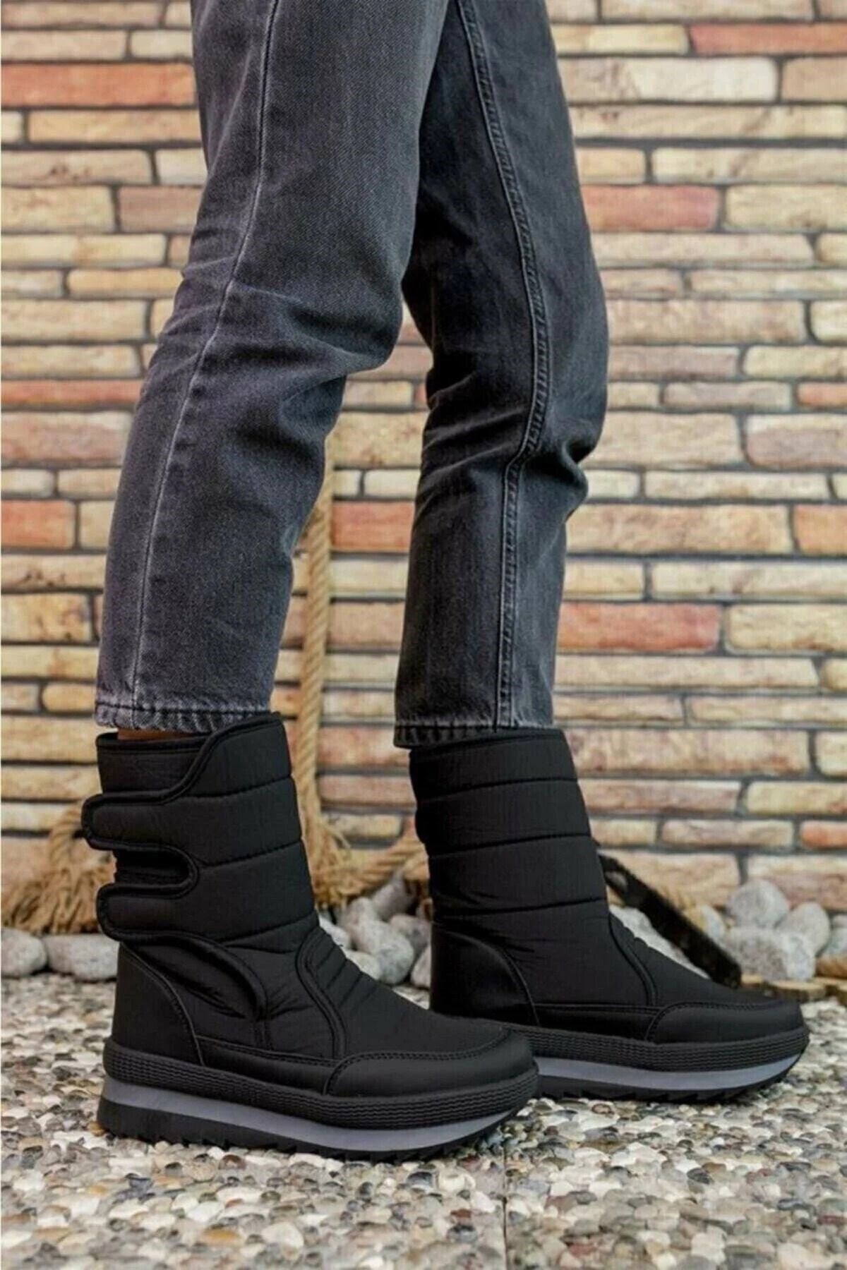 İncim ® | Wintfest Unisex Siyah İçi Kürk Kaydırmaz Termal Taban Cırtlı Çizme Yağmur & Kar Botu