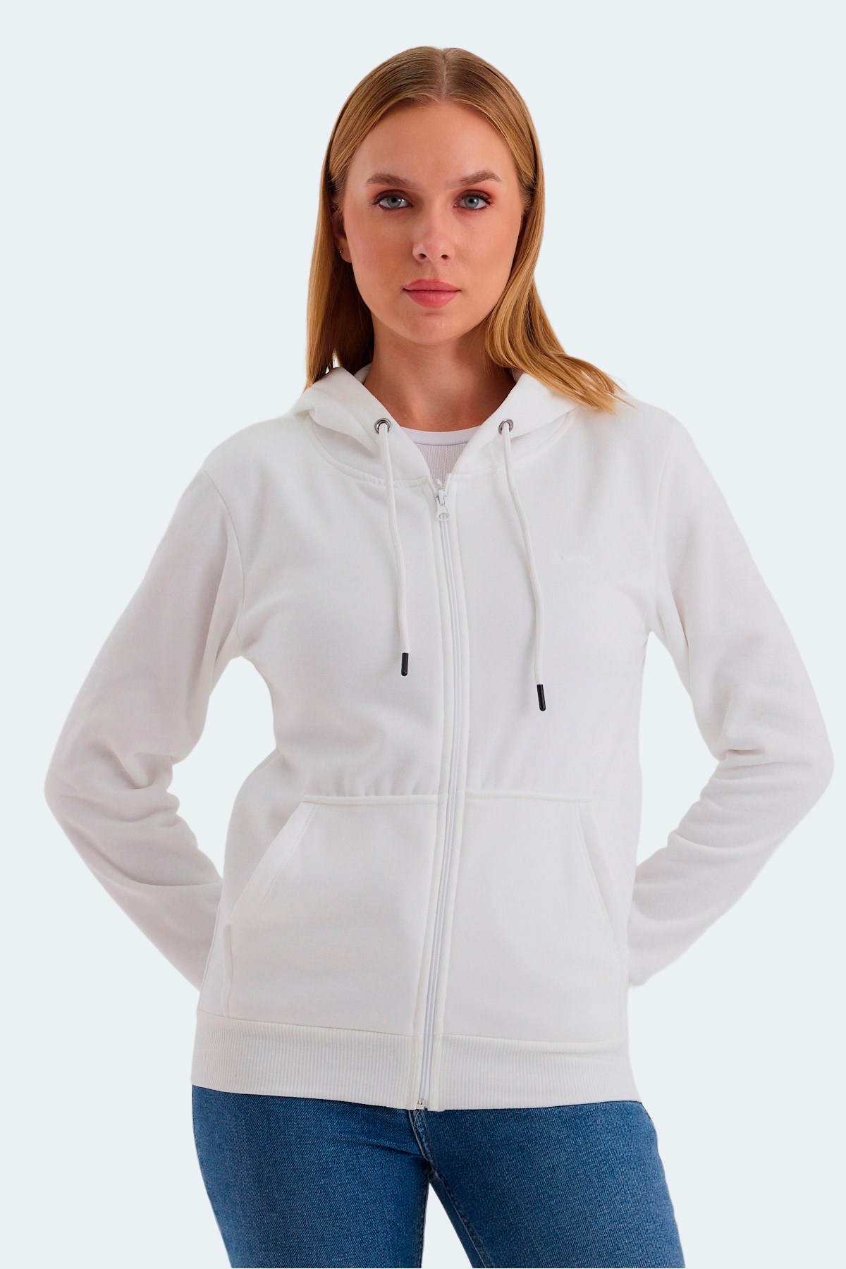 Slazenger KATYA Kadın Fermuarlı Kapüşonlu Cepli Beyaz Sweatshirt ST23WK081