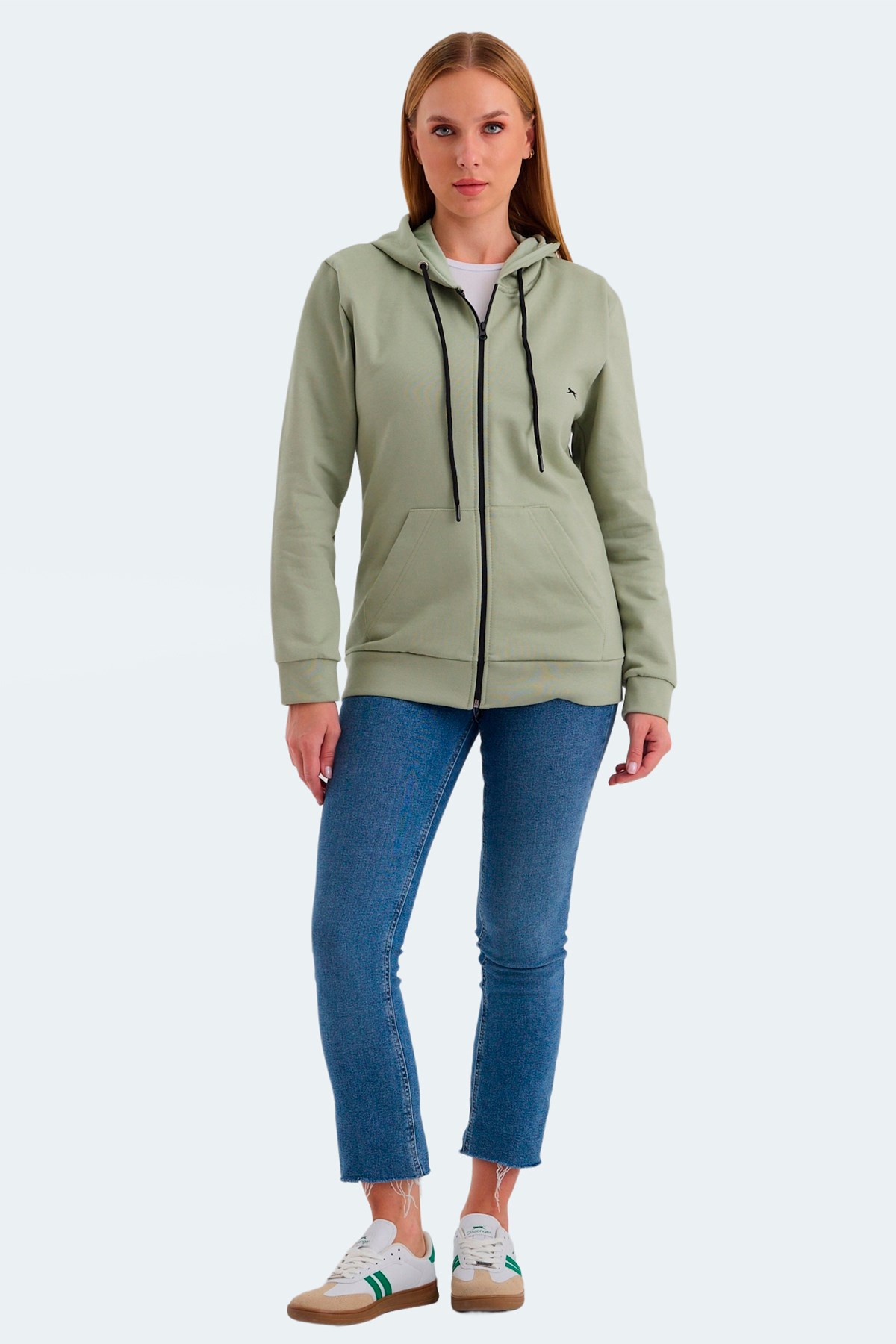 Slazenger KATYA Kadın Fermuarlı Kapüşonlu Cepli Yeşil Sweatshirt