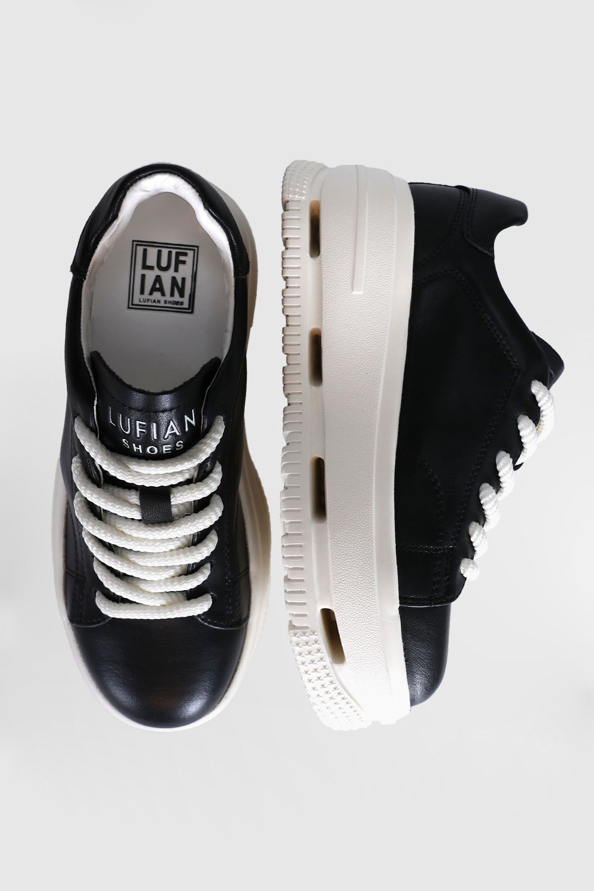 Hakiki Deri Bağcıklı Agatha Modeli Günlük Kadın Sneaker Siyah Beyaz Ayakkabı