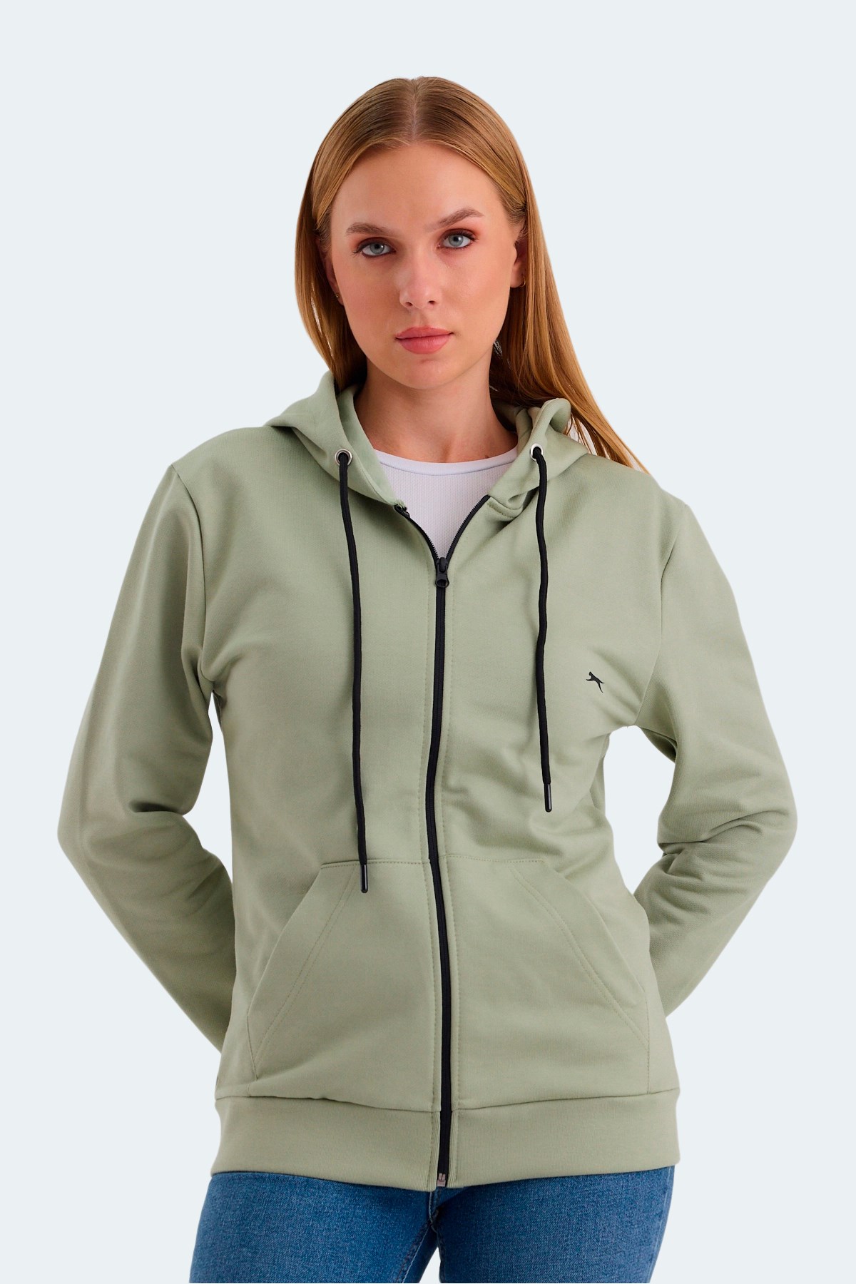 Slazenger KATYA Kadın Fermuarlı Kapüşonlu Cepli Yeşil Sweatshirt