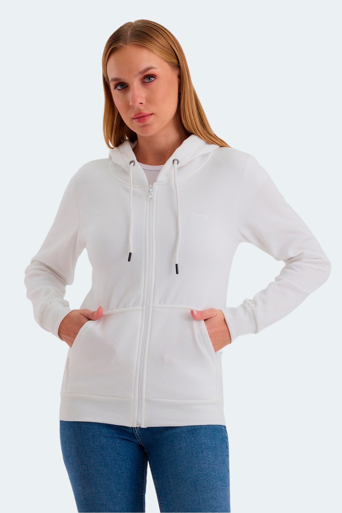 Slazenger KATYA Kadın Fermuarlı Kapüşonlu Cepli Beyaz Sweatshirt ST23WK081