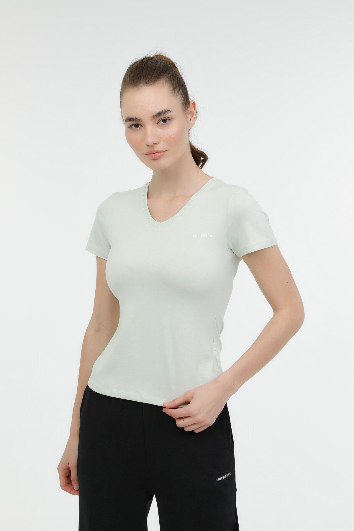 W-ct132 Basıc Modal V Nec Pastel Yesıl Kadın Kısa Kol T-shirt