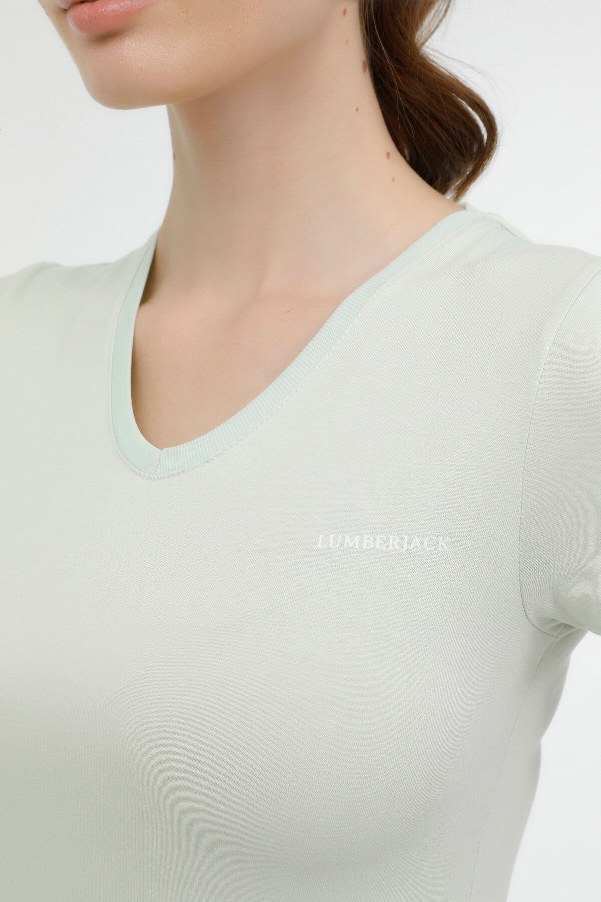 W-ct132 Basıc Modal V Nec Pastel Yesıl Kadın Kısa Kol T-shirt