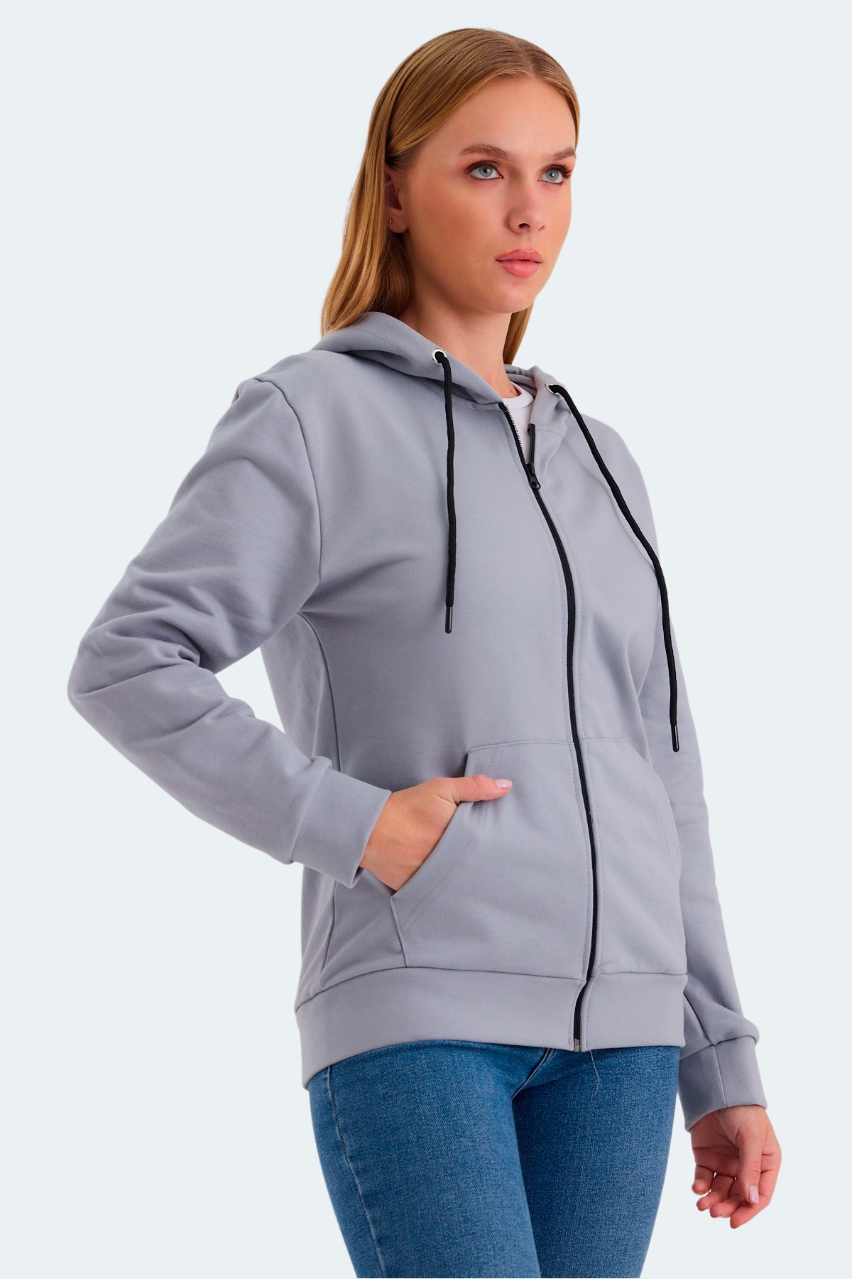 Slazenger KATYA Kadın Fermuarlı Kapüşonlu Cepli Gri Sweatshirt ST23WK081 Gri