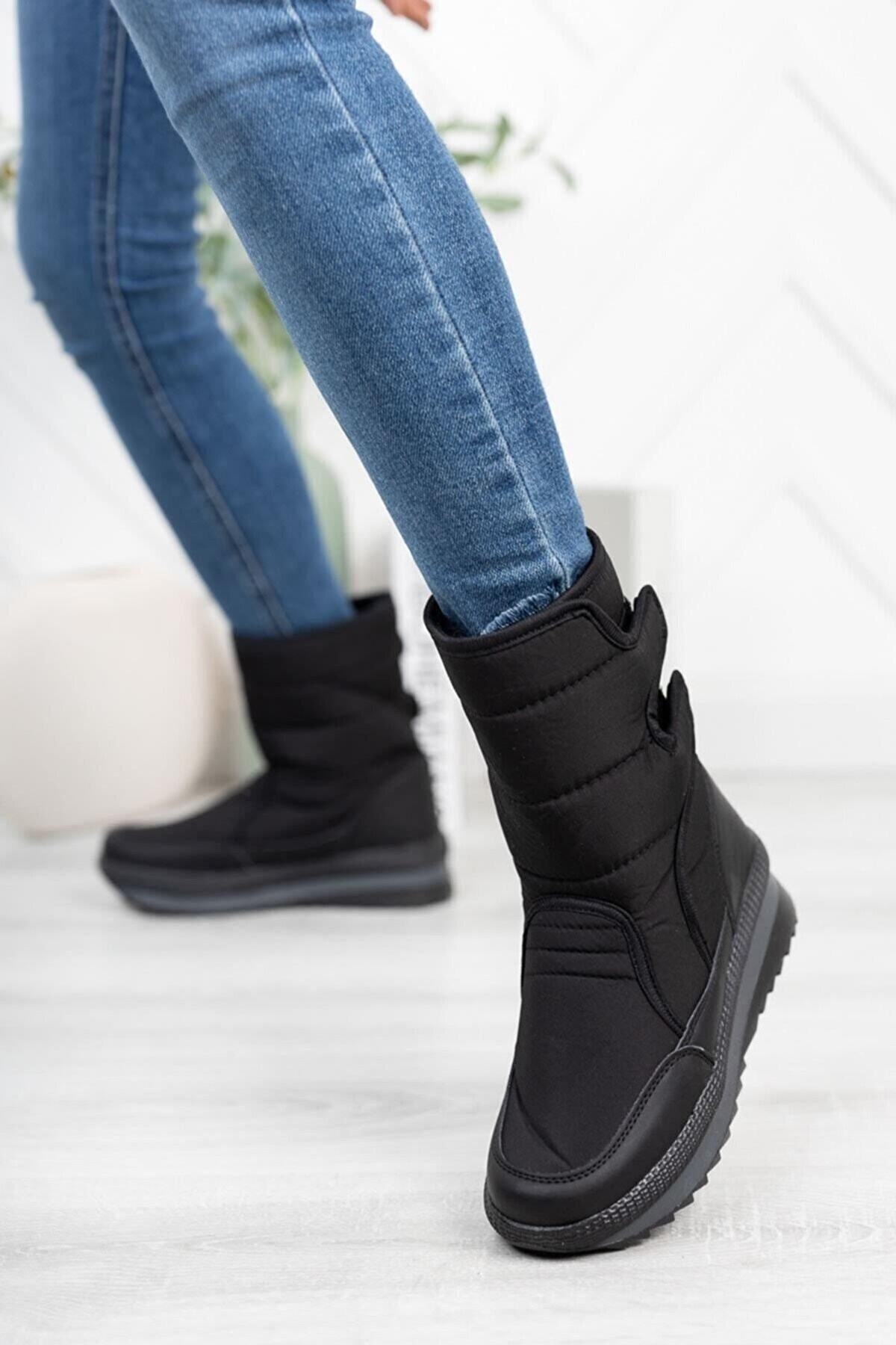 İncim ® | Wintfest Unisex Siyah İçi Kürk Kaydırmaz Termal Taban Cırtlı Çizme Yağmur & Kar Botu