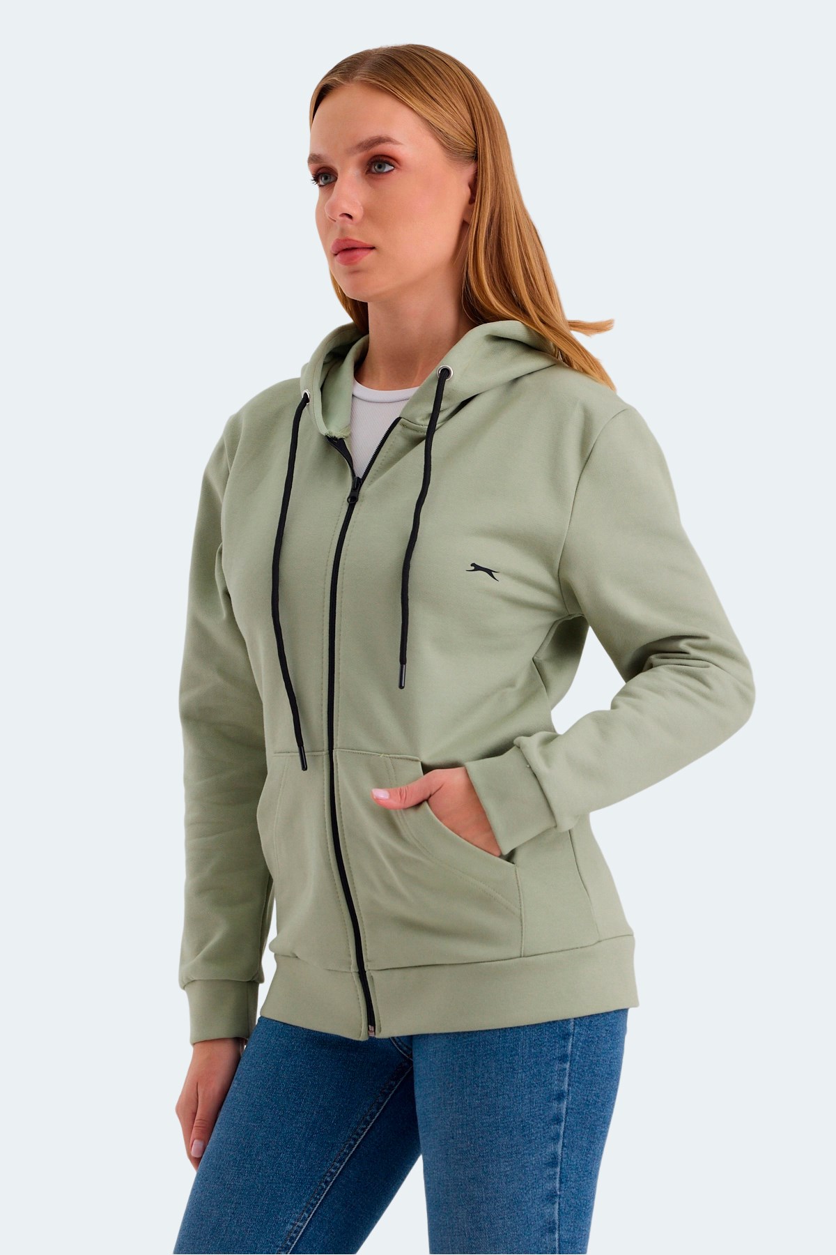 Slazenger KATYA Kadın Fermuarlı Kapüşonlu Cepli Yeşil Sweatshirt