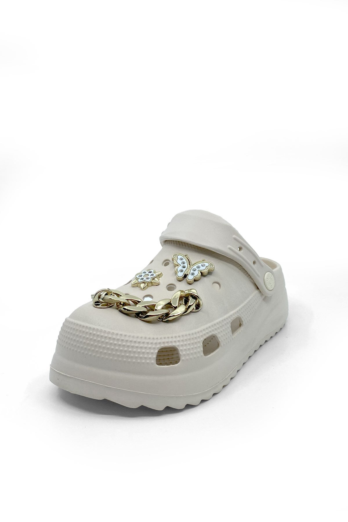 CrocLite Soft Flex Ekru Ortopedik Taşlı Zincirli Aksesuarlı Günlük Kadın Terlik&Sandalet